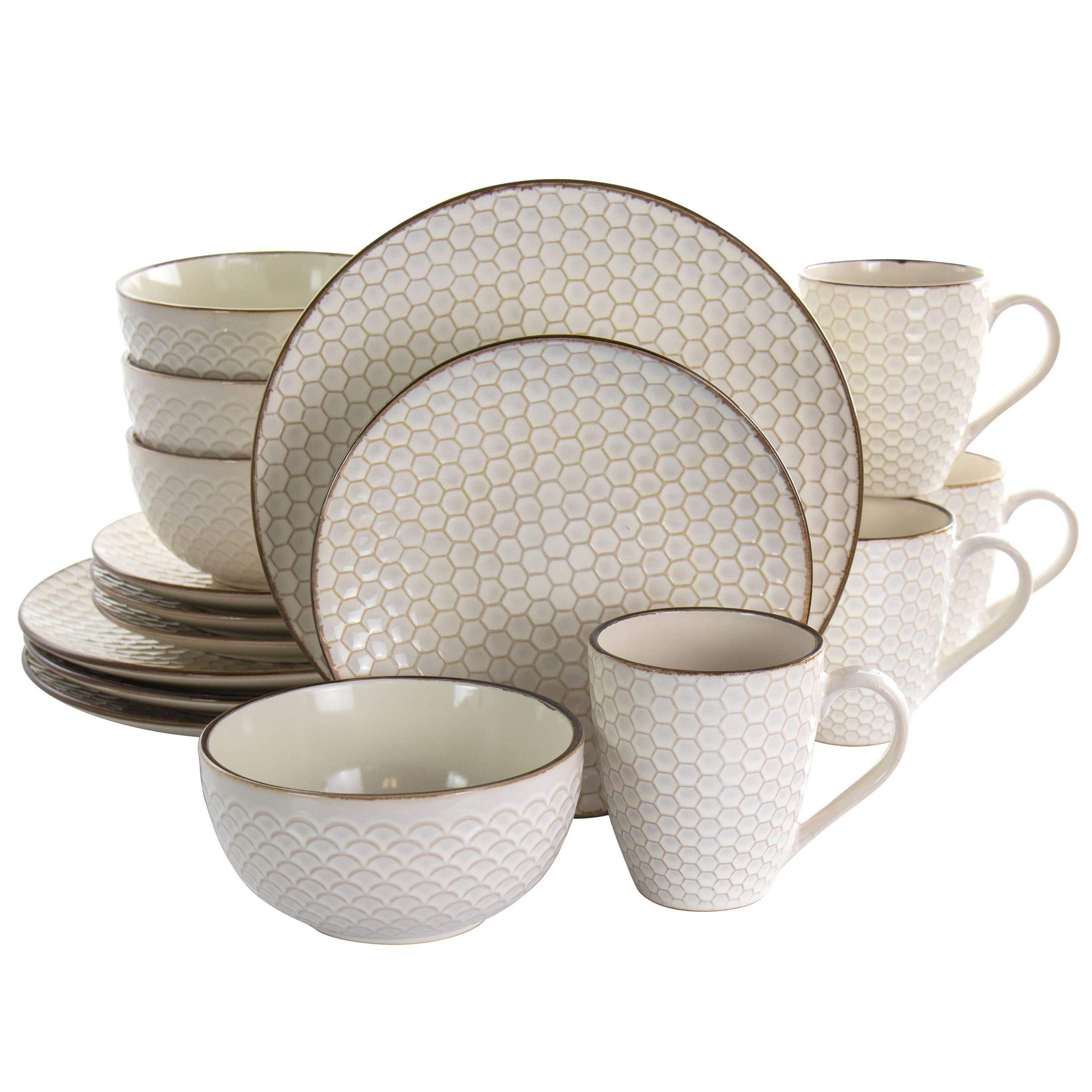 UKN Honey Ivory 16-Piece Stoneware Dinnerware Set - Textured Casual Round Plates, Bowls & Mugs - Dishwasher & Microwave Safe - Perfect for Family Dinners, Parties & Everyday Use