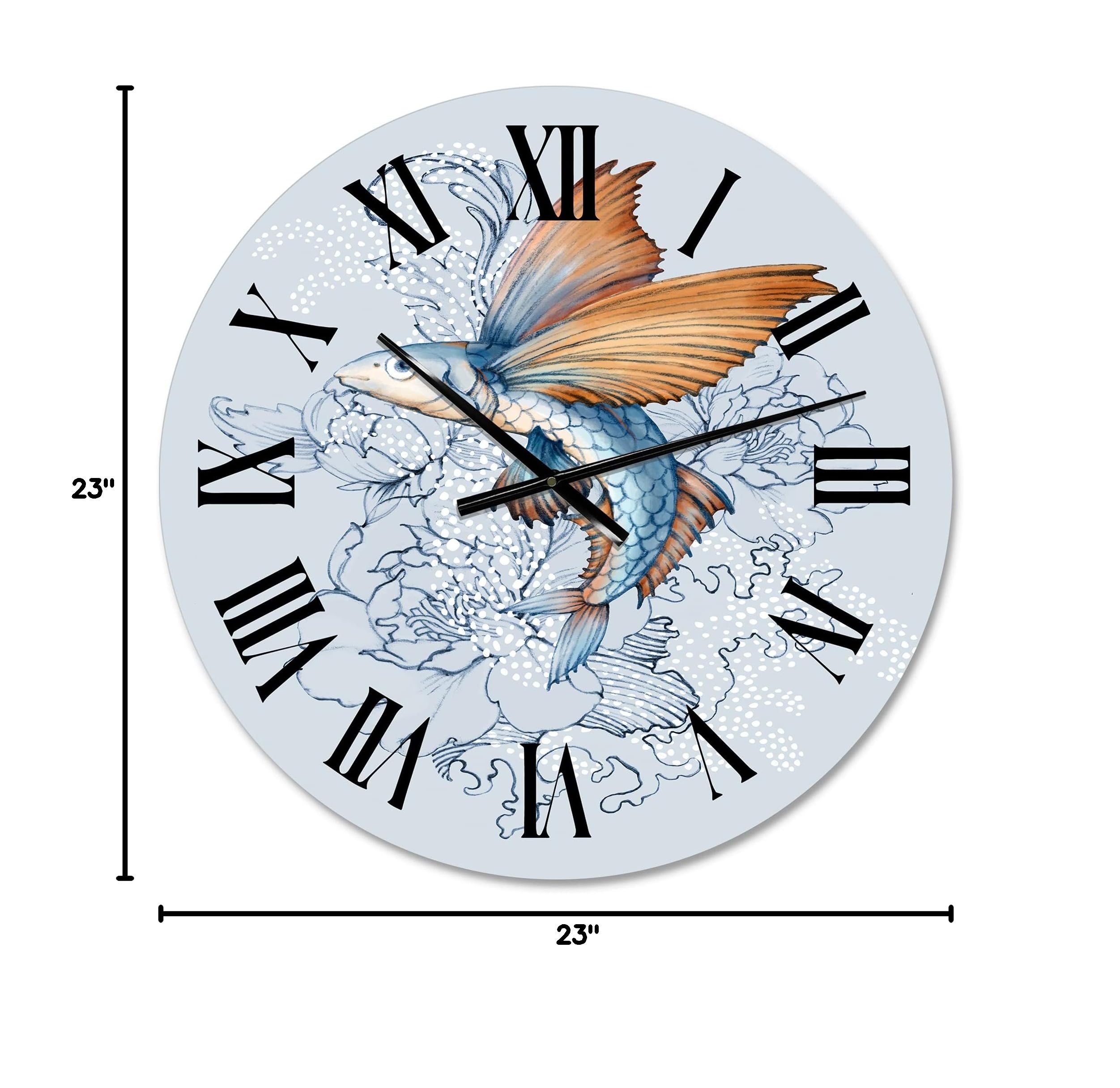 Flying Fish On Peonies Large Wall Clock - Traditional Chinese Style Decorative Clock for Home, Office & Living Room | Perfect for World Culture Decor & Gift Giving