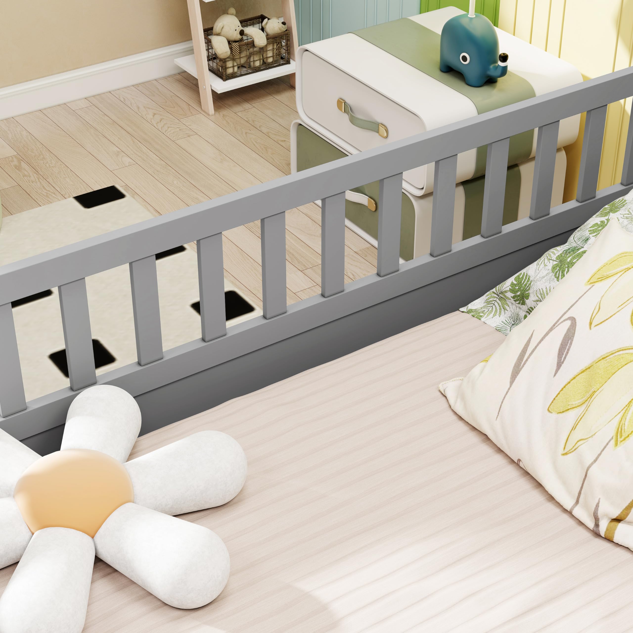 Montessori Wood Floor Bed for Kids - Full Size with High Safety Rails & Door Design, Grey - No Bed Slats Needed - Perfect for Toddler Rooms, Daycare Centers & Montessori Classrooms