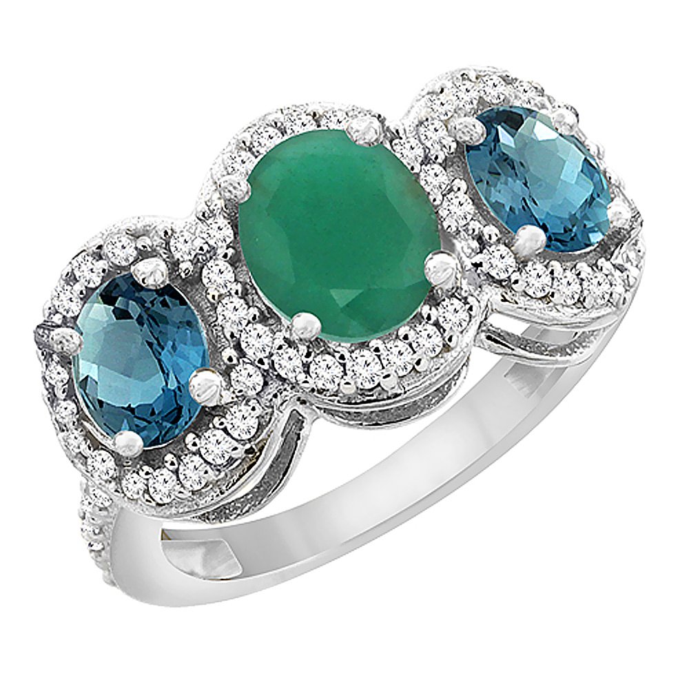 10K White Gold Natural Emerald & London Blue Topaz 3-Stone Ring with Oval Diamond Accent - Sizes 5-10 | Elegant Engagement, Anniversary Gift for Women | Perfect for Weddings, Parties & Special Occasions