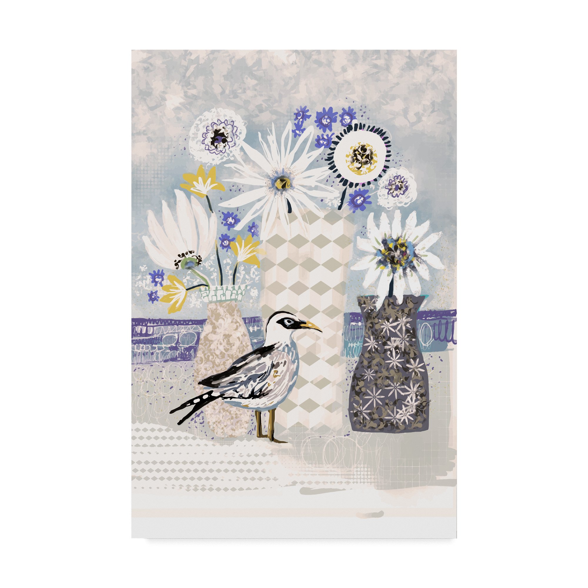 Karen Fields Beach Bird Flower Vases Wall Art - 30x47 Inch Coastal Decor for Living Room, Bedroom & Beach House