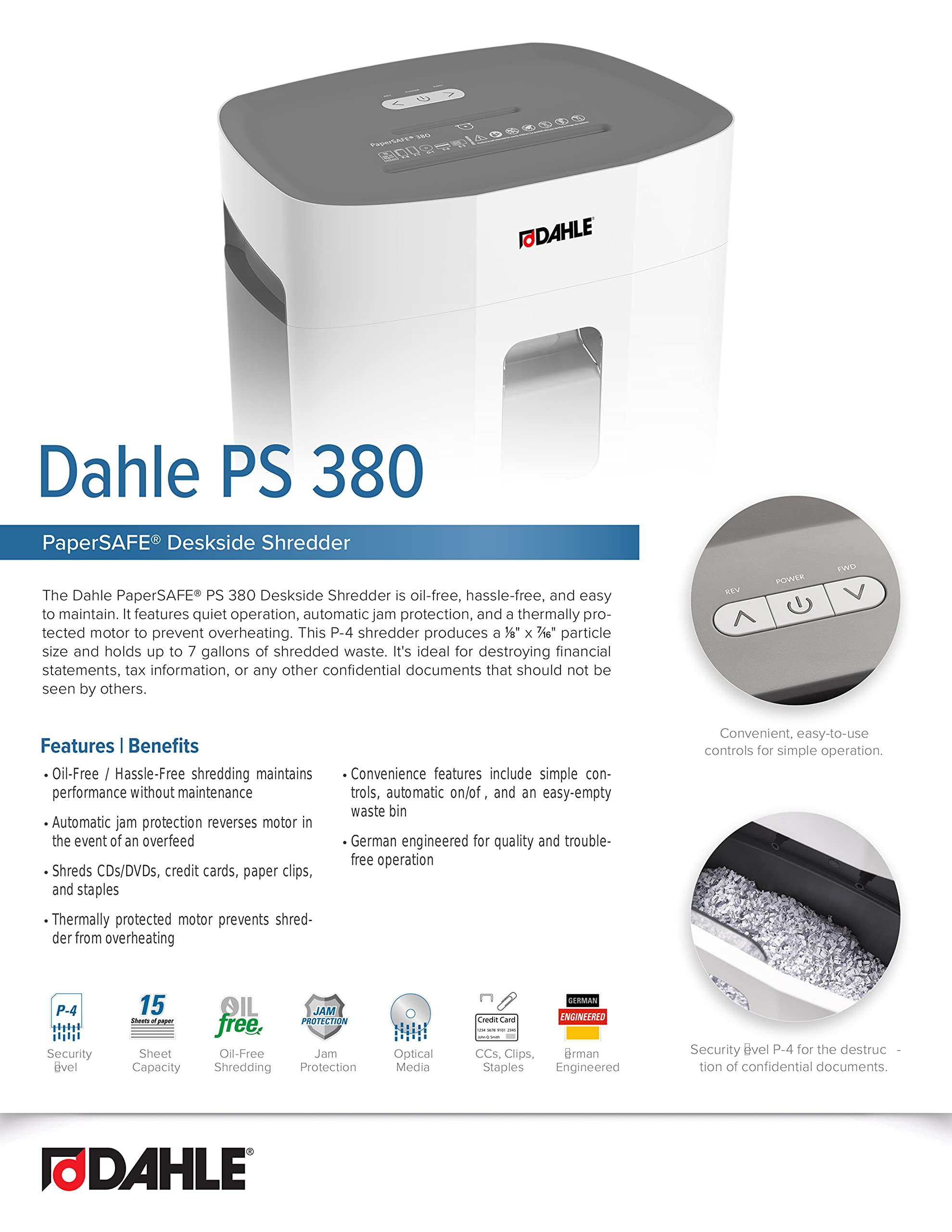 Dahle PaperSAFE PS 380 Oil-Free Paper Shredder with Jam Protection - P-4 Security Level - 15 Sheet Capacity - Shreds CDs, Staples, Paper Clips & Credit Cards - Ideal for Home Office & Small Business Document Security
