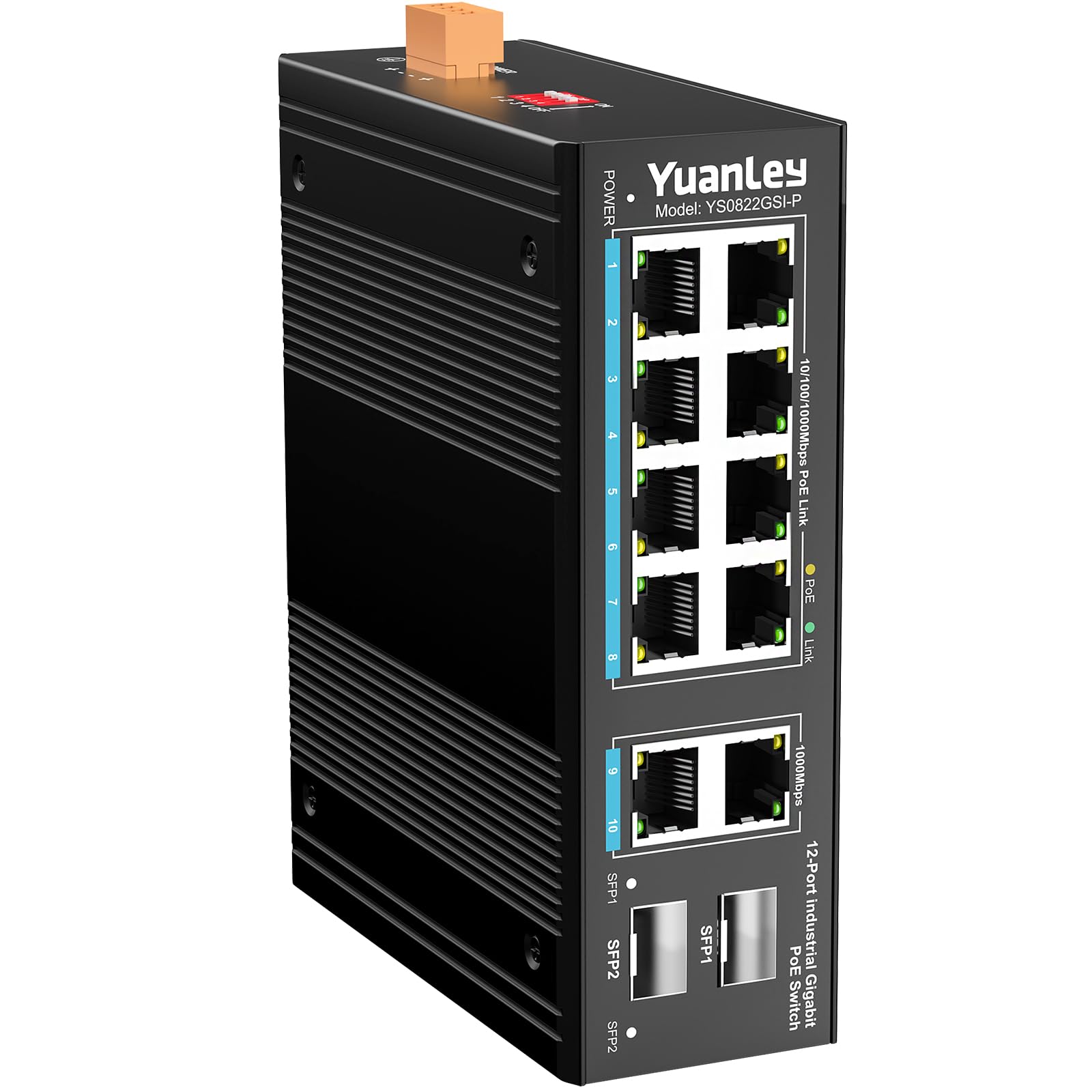 YuanLey 12 Port Industrial Ethernet Switch with 8 PoE Gigabit Ports, 2x 1000Mbps Uplink, 2 SFP Slots, Unmanaged DIN-Rail PoE Switch - IEEE 802.3af/at, 24Gbps Switching Capacity, IP40, Fanless Design - Ideal for Factory Automation, Security Camera Systems & Industrial IoT Networks