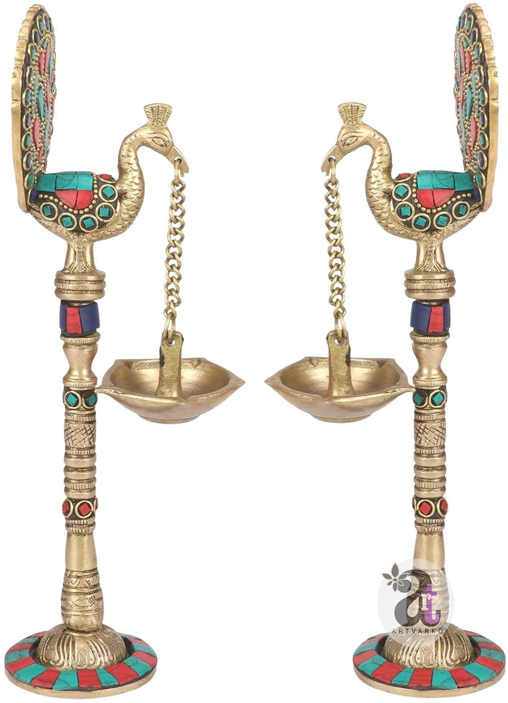 Pink Peony Brass Peacock Hanging Chain Diya Oil Lamp Stand - 9 Inch Handmade Decorative Hanging Lamp for Home Decor, Wedding, Festival & Meditation Room