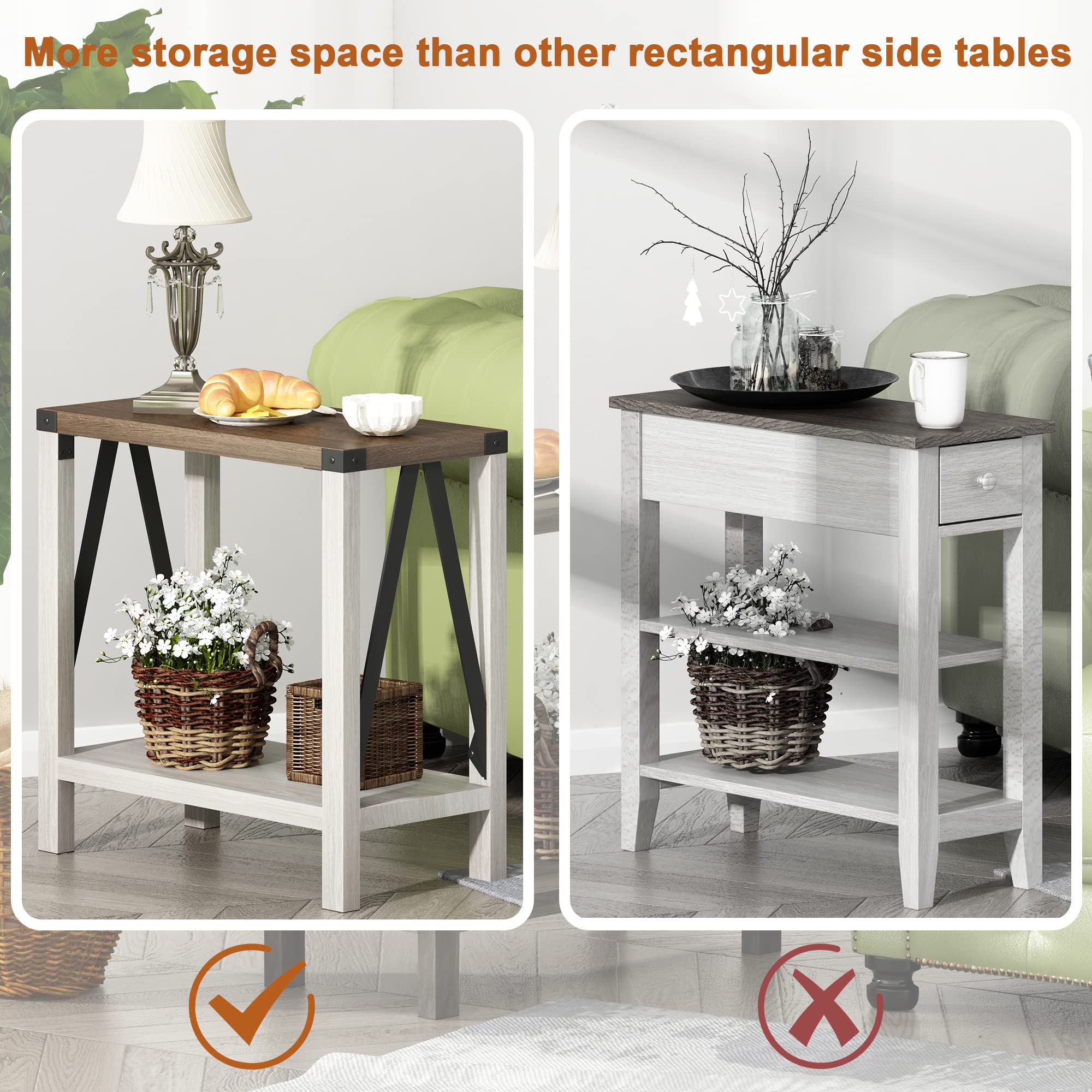 ChooChoo Farmhouse Narrow End Table with Storage Shelf - Rustic A-Design Nightstand for Small Spaces, Sofa Side Table for Living Room & Bedroom (White & Brown) | Perfect for Apartments, Dorms & Cozy Home Decor