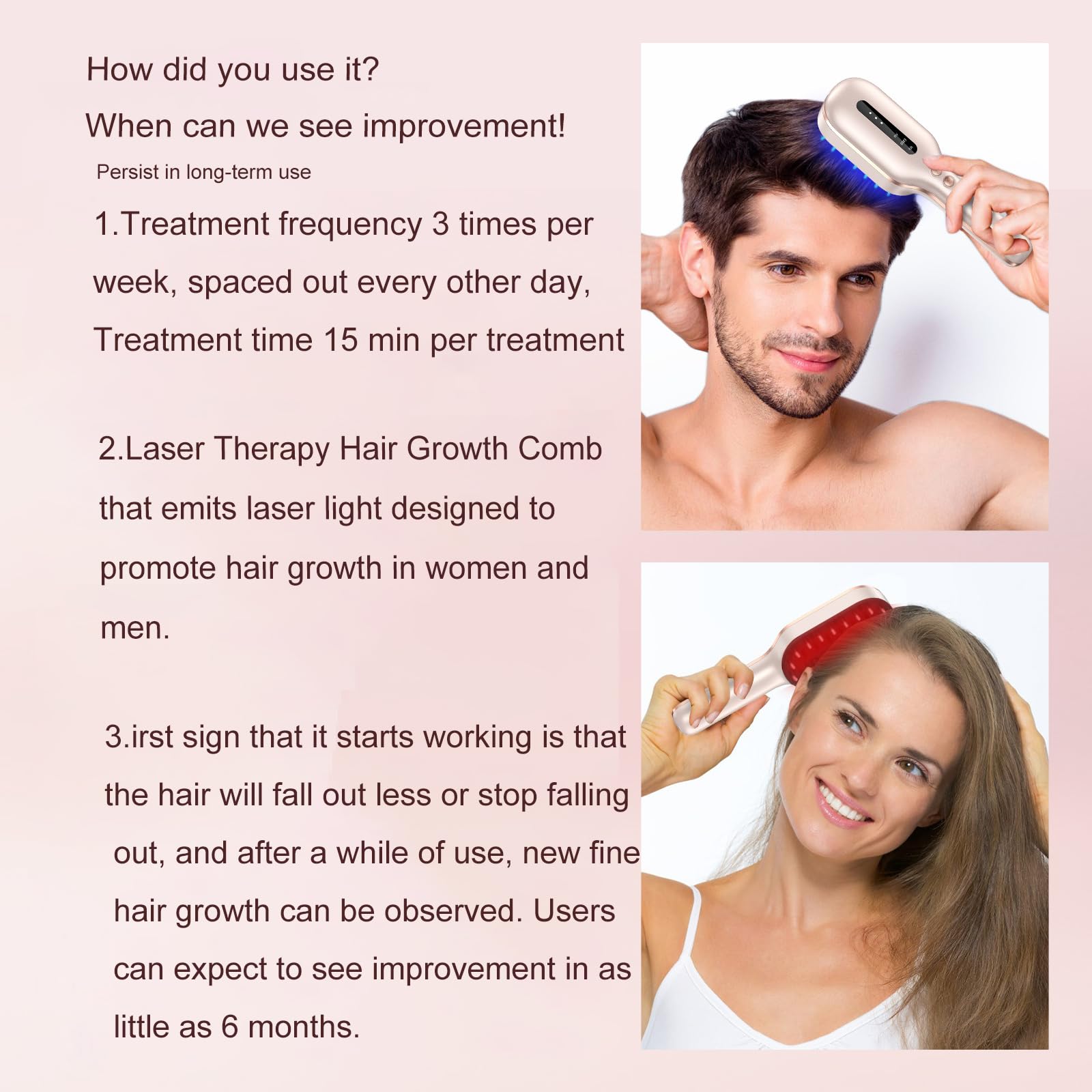 FDA Cleared Laser Therapy Hair Growth Comb - Red Light Electric Scalp Massager for Thicker Hair (Pink) | At-Home Hair Regrowth Treatment for Men & Women | Perfect for Daily Scalp Care & Hair Loss Prevention