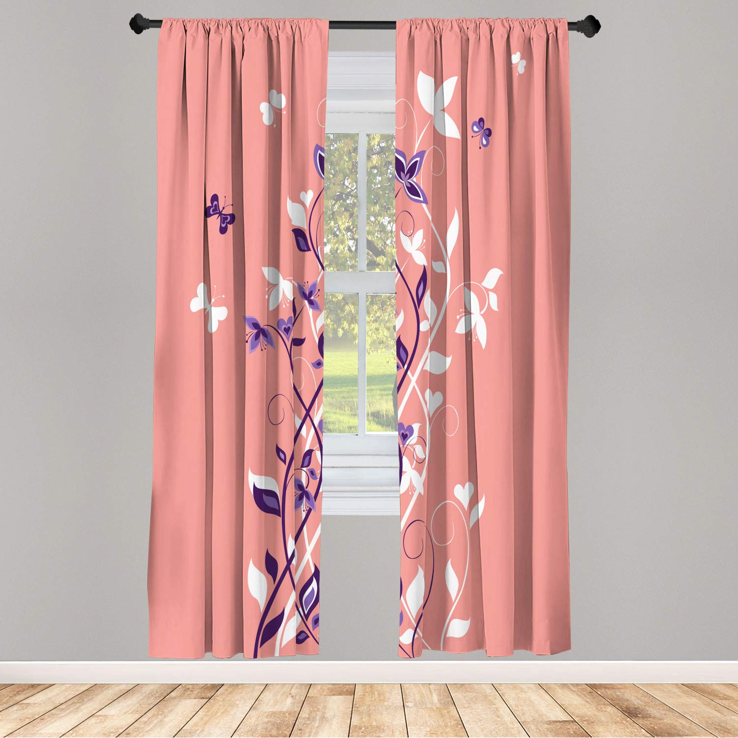 Ambesonne Spring Floral Window Curtains - Violet Tree Swirling Persian Lilac Blooms with Butterflies Design, Lightweight Decorative 2-Panel Set with Rod Pocket, 28