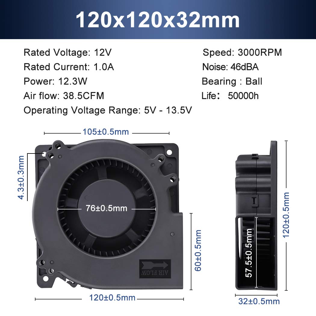 Wathai 120mm x 32mm Brushless Cooling Blower Fan 12V DC High Airflow Dual Ball Bearing Centrifugal Fan for PC Cooling, Electronics, 3D Printers & Server Racks