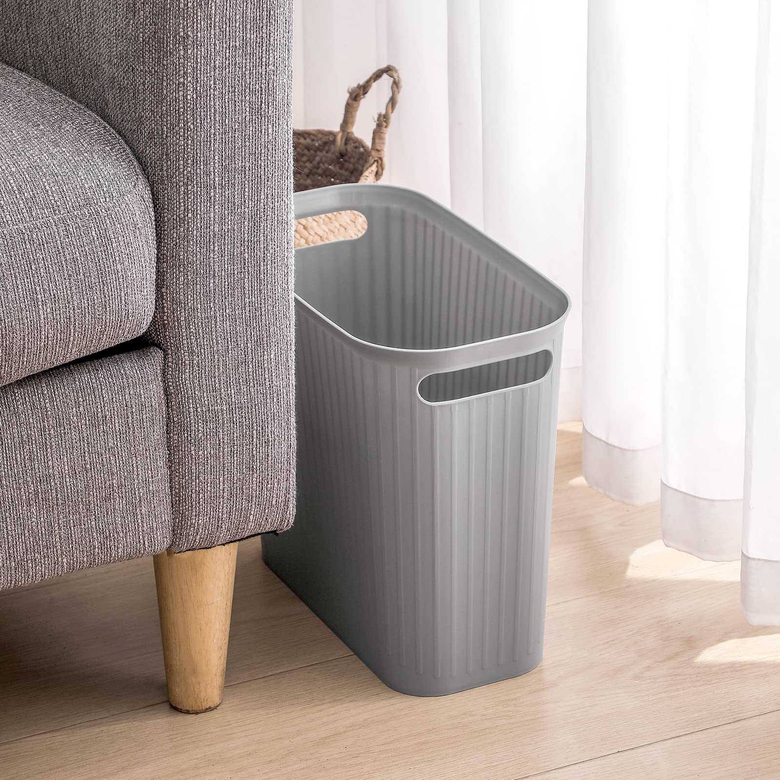 Rejomiik 3.5 Gallon Slim Plastic Trash Can with Handles - Small Waste Basket for Bathroom, Bedroom, Office, Kitchen & Dorm - Space-Saving Rectangular Garbage Bin (Gray, 1-Pack) - Perfect for Tight Spaces & Home Organization
