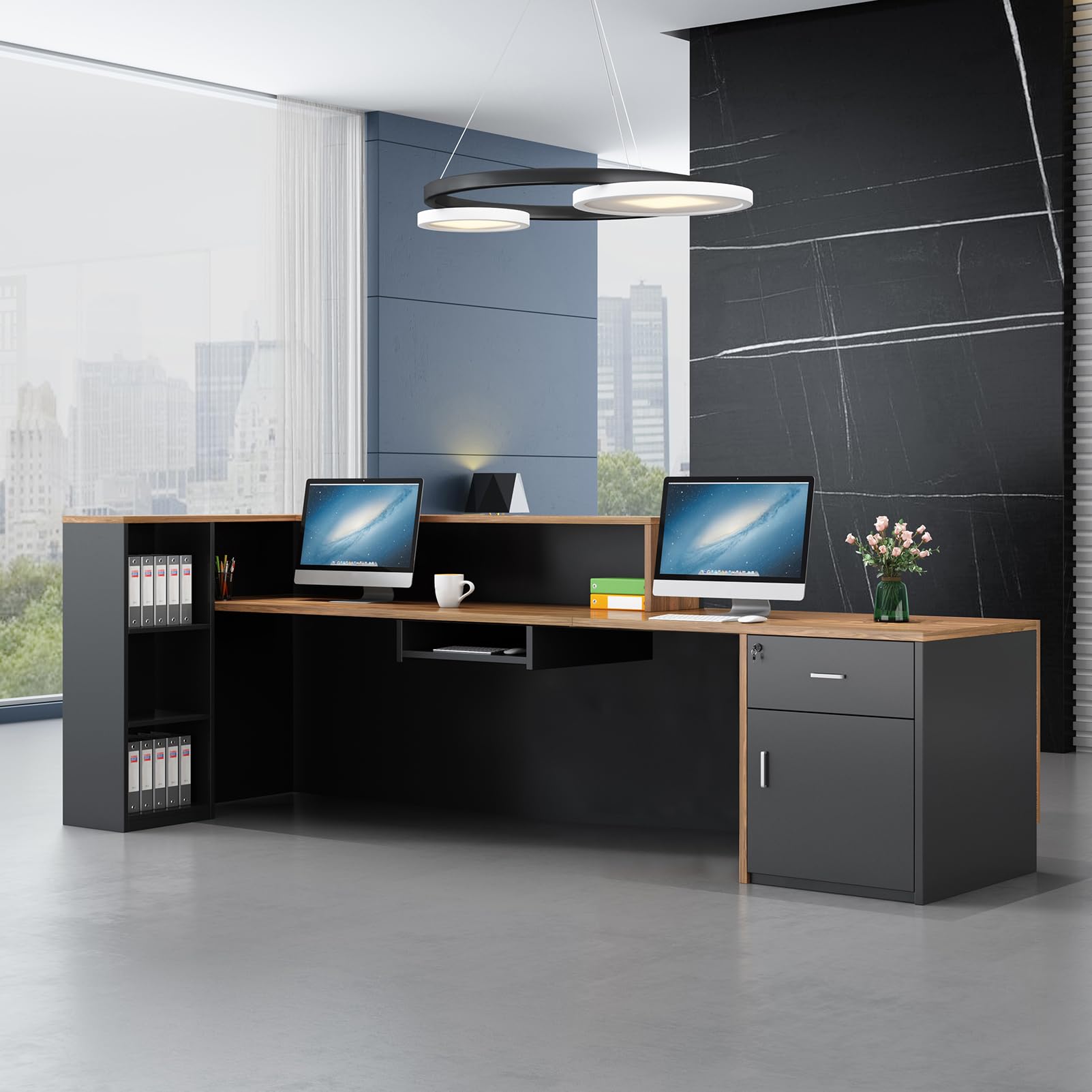 Modern L-Shaped Reception Desk - Large Wooden Commercial Receptionist Desk with Counter, Lockable Drawers & Storage Cabinet - Right Facing Office Front Desk (70.87