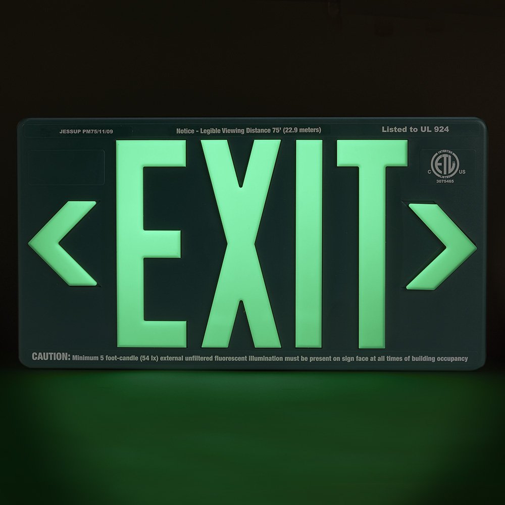 Jessup Glo Brite 75-7082-B P75 Photoluminescent Exit Sign - Non-Electric, Glow-in-The-Dark Safety Sign for Outdoor & Wet Locations - Double-Sided 8.5