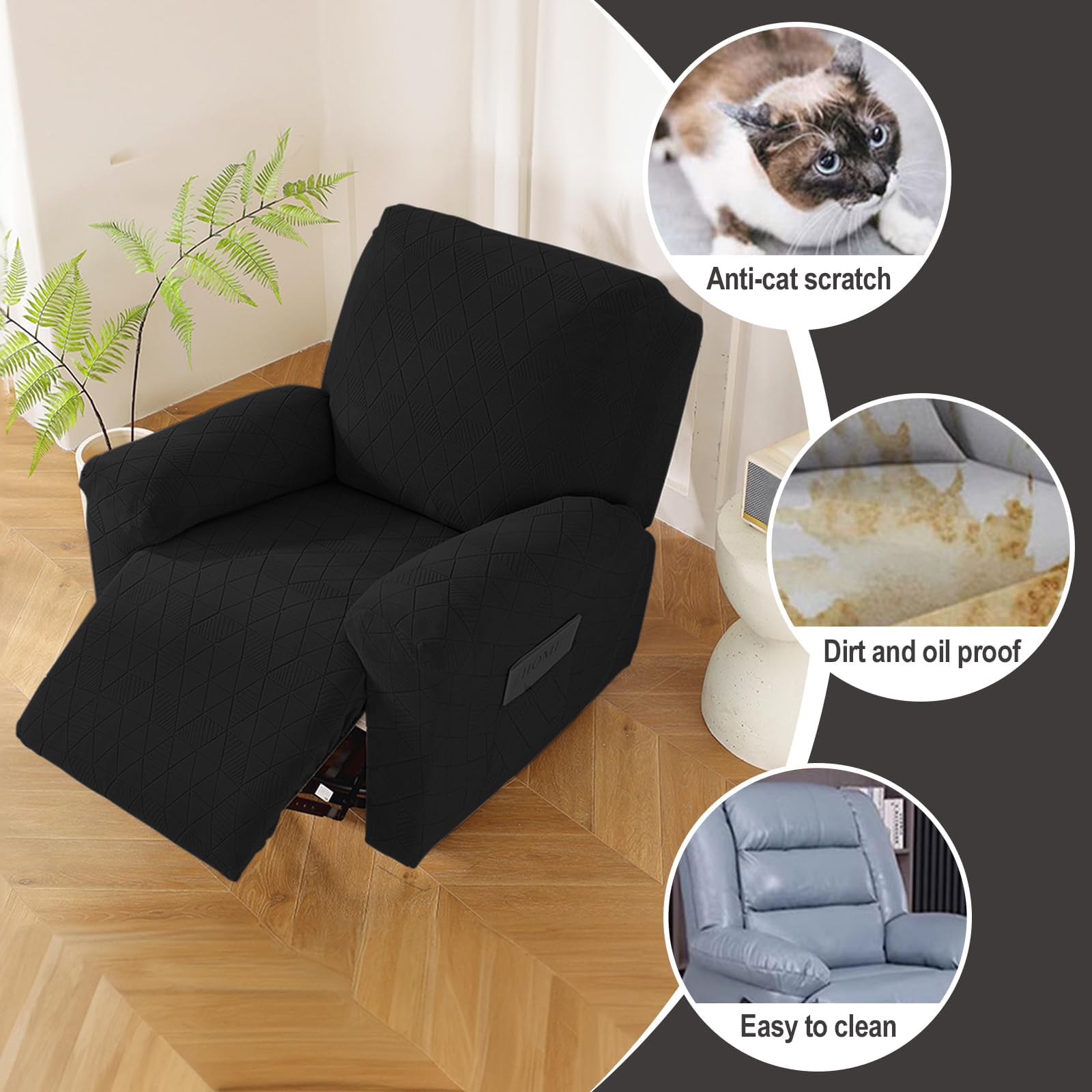 Premium Velvet Recliner Cover Set of 4 - Stretchable Slipcover with Elastic Straps for Lazy Boy & Reclining Chairs, Soft Sofa Protector in Black - Perfect for Living Room, Home Theater & Lounge Furniture Protection