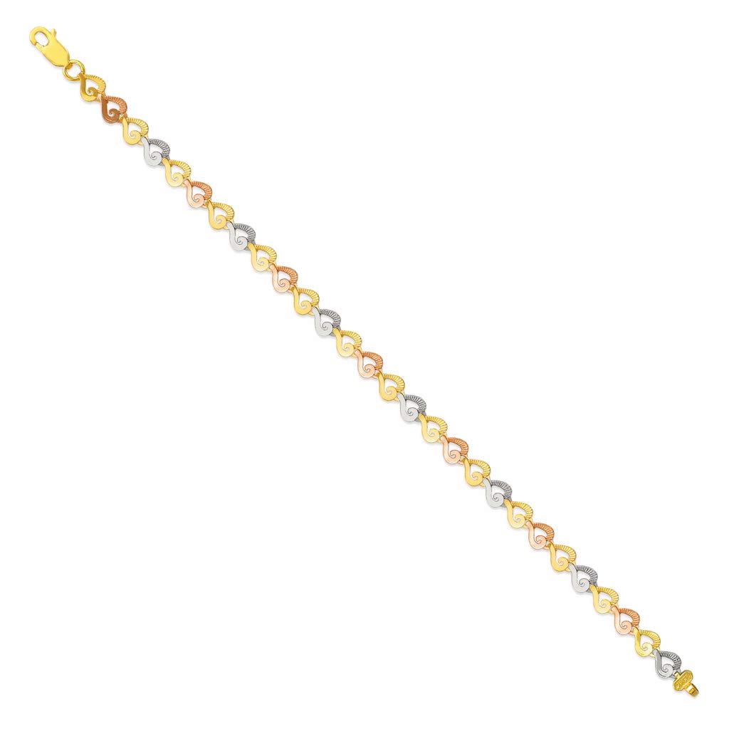 14K Tricolor Gold Heart Bracelet with Diamond Cut - Elegant Women's Fashion Jewelry Gift - 7 Inches - Perfect for Valentine's Day, Anniversary & Special Occasions