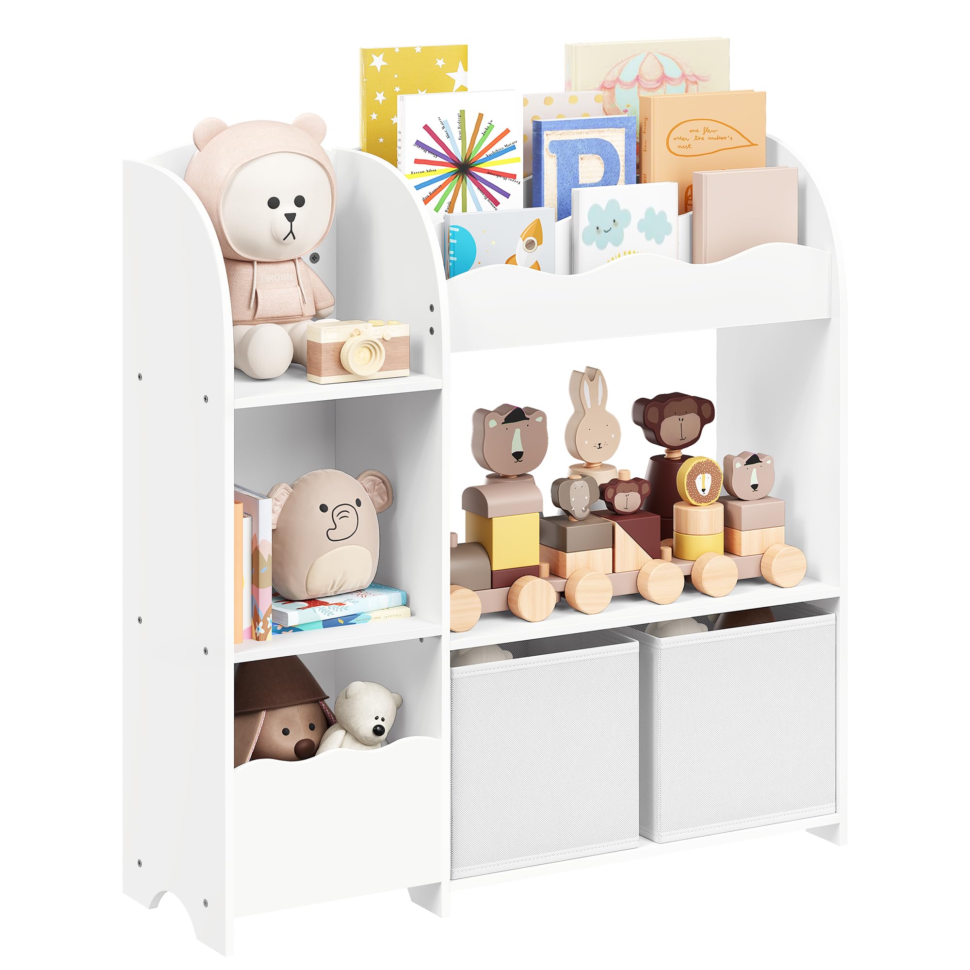 SONGMICS Kids Toy and Book Storage Organizer with 2 Bins - Multifunctional Bookshelf & Toy Organizer for Playroom, Nursery, Living Room - Cloud White UGKR042W01 | Perfect for Organizing Toys, Books, and Kids' Room Decor