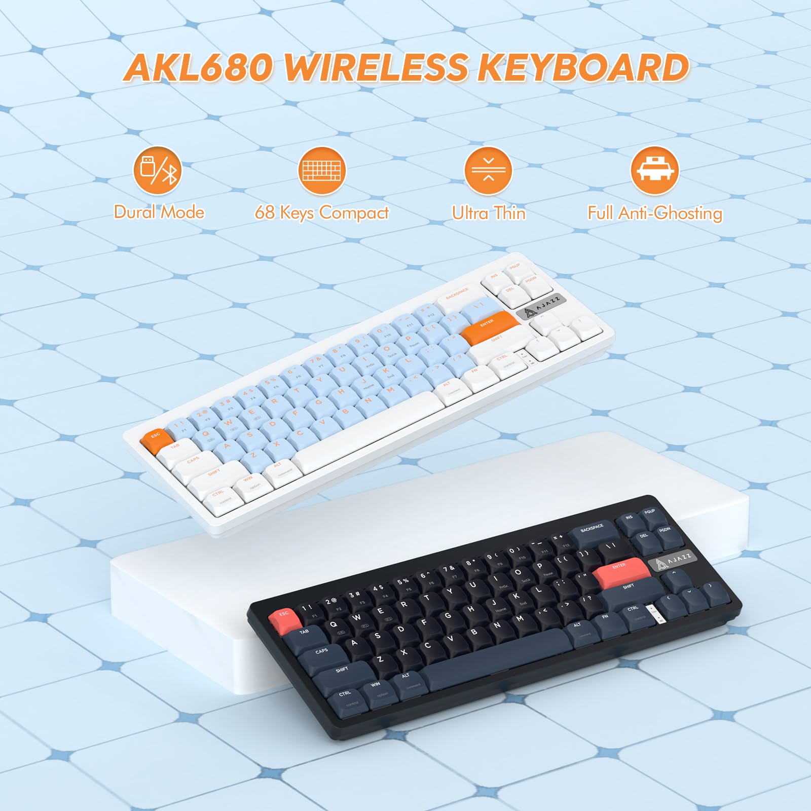 AJAZZ AKL680 68% Compact Wireless Mechanical Keyboard - Ultra-Thin RGB Gaming Keyboard with Dual Mode Bluetooth 5.0 & 2.4G, Anti-Ghosting for PC, Mac, Laptop - Perfect for Office Work, Gaming & Programming