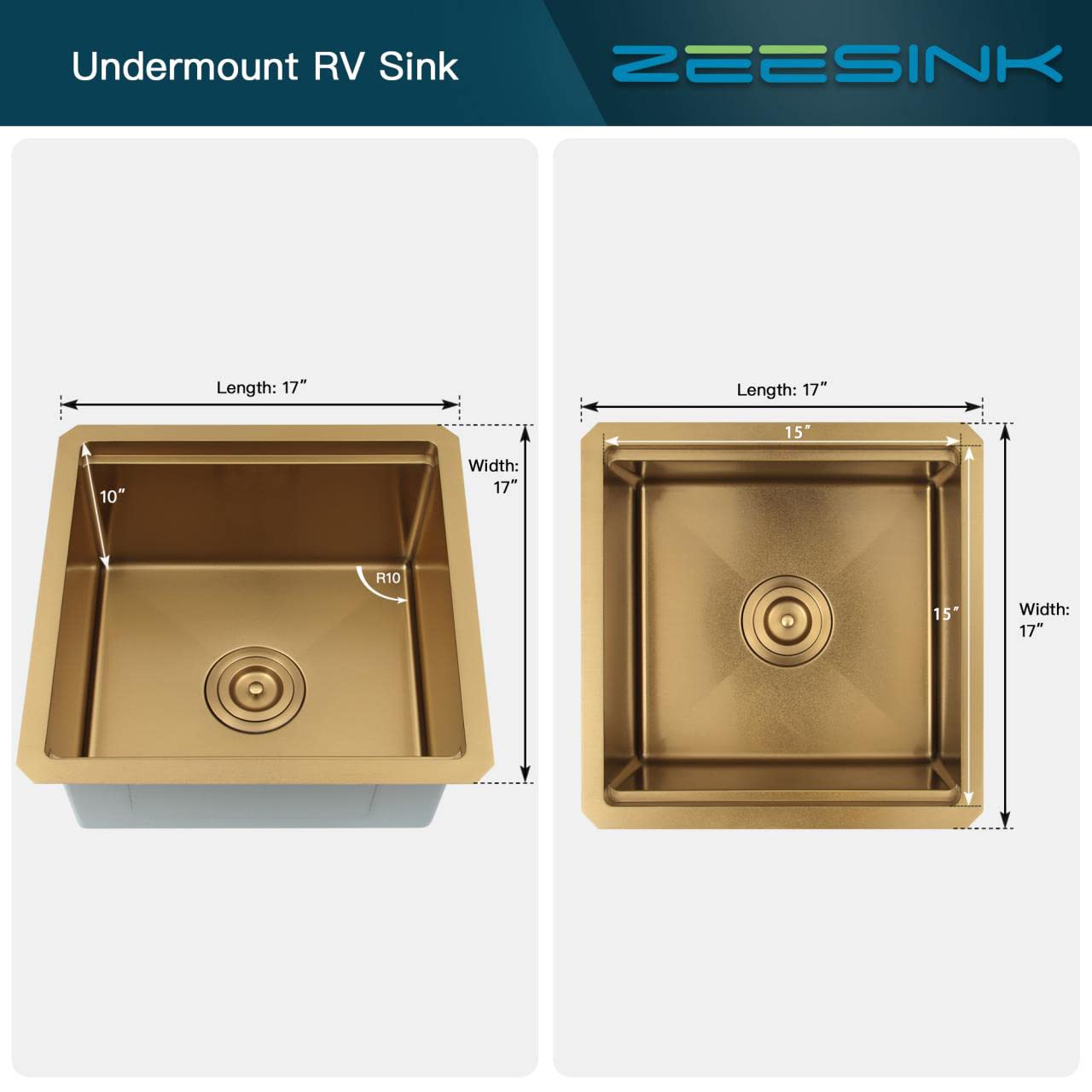 17x17 Inch Undermount Gold Bar Sink - Stainless Steel Small Bar Prep Sink with Workstation for Kitchen, Bar & Restaurant Use