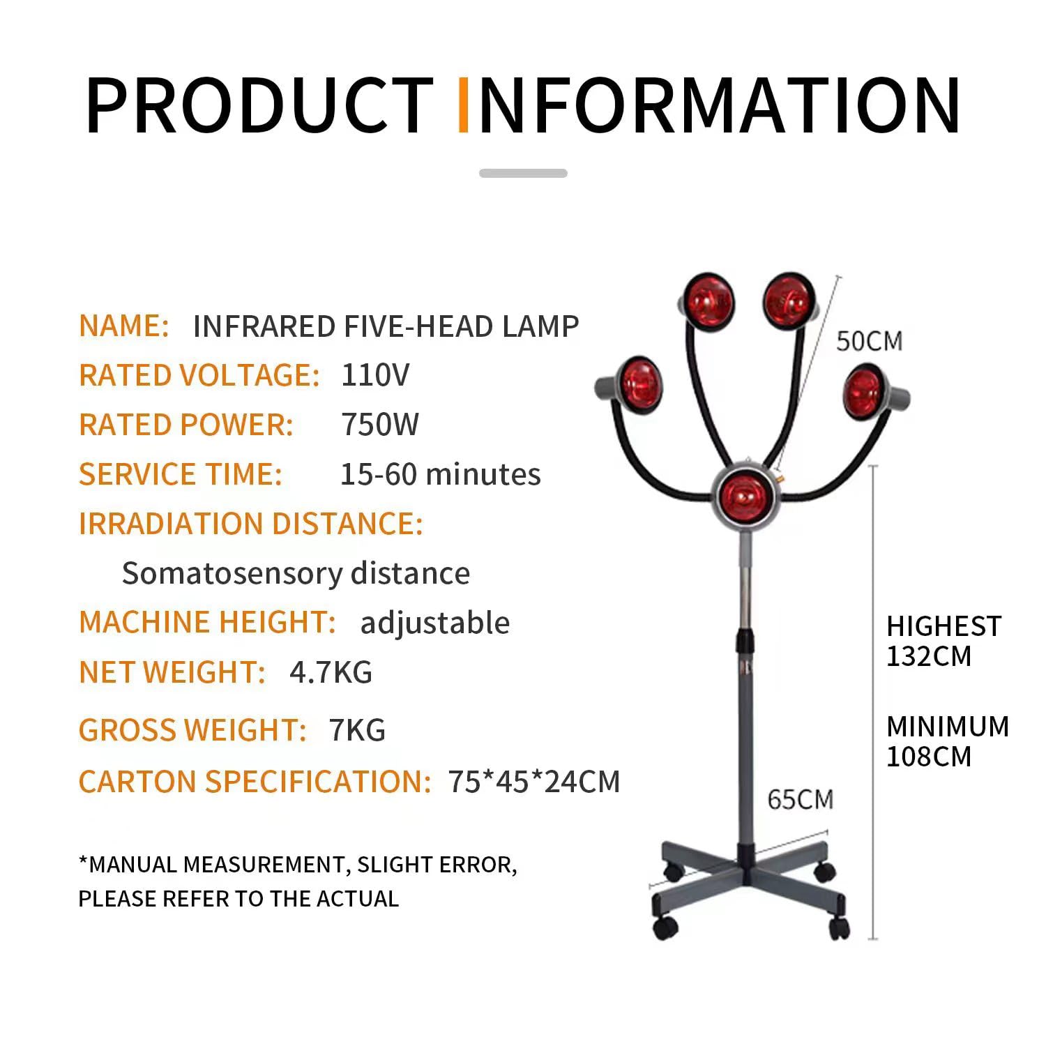 Professional 750W 5-Head Infrared Light Therapy Lamp for Hair Steaming, Perming & Dyeing - Adjustable Height with Rolling Wheels - Salon & Home Hair Care Solution for Deep Conditioning & Scalp Treatment