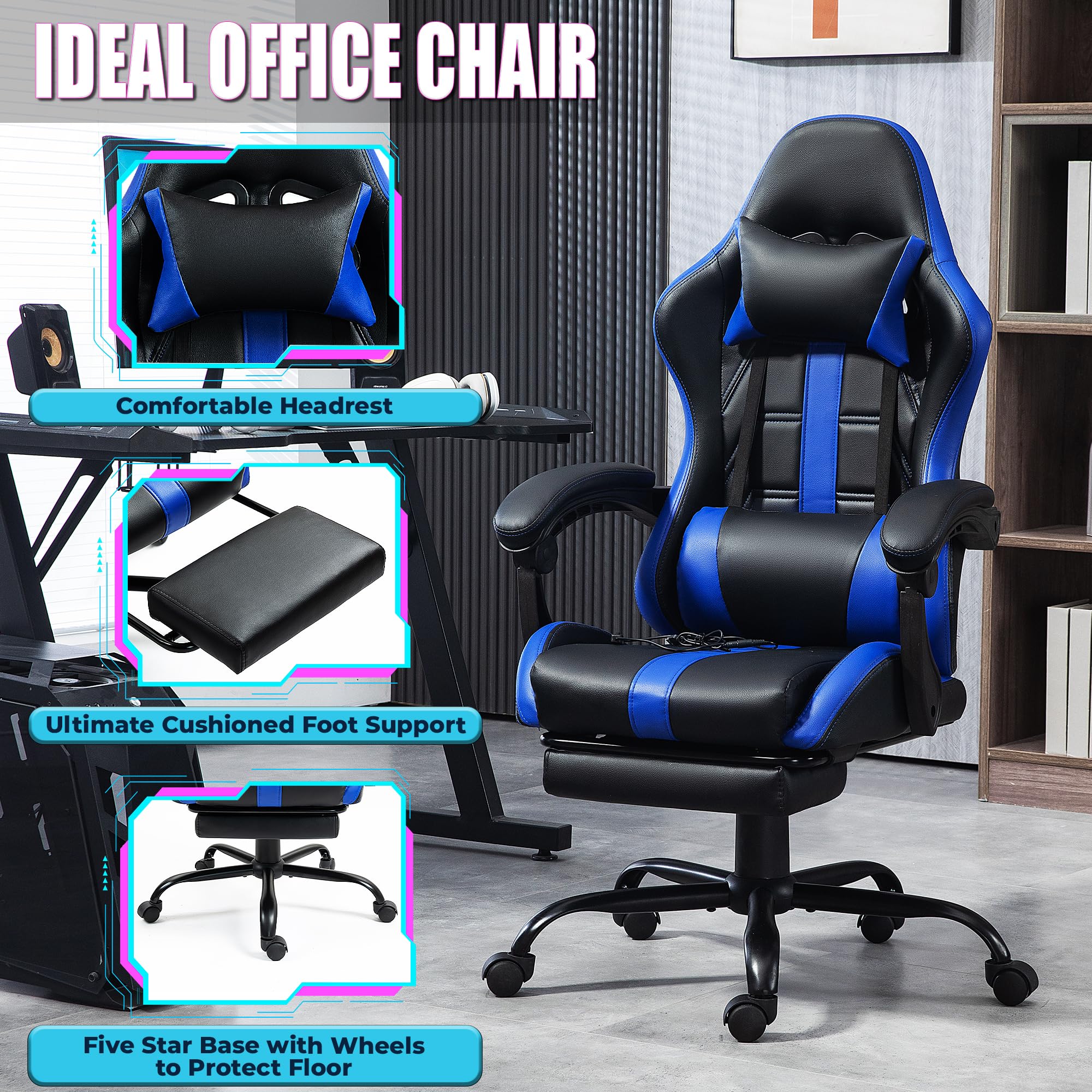 Ergonomic Massage Gaming Chair with Adjustable Footrest & Lumbar Support - PU Leather Office Computer Chair with 360° Swivel & Height Adjustment - Perfect for Home Office, Gaming Setup & Workstation Comfort (Blue)