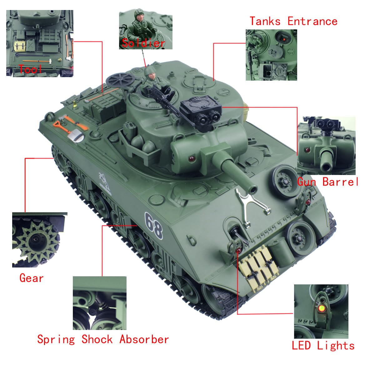 Fisca 2.4Ghz 15 Channel 1/20 Scale Sherman M4A3 RC Battle Tank with Airsoft Shooting - Remote Control Toy for Kids Ages 10-16 | Outdoor Play, Backyard Battles & Military Simulation Games