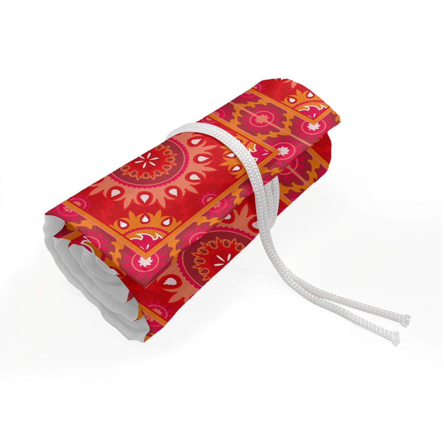 Ambesonne Red Mandala Pencil Case Wrap Roll Holder - 36 Loop Canvas Pencil Organizer with Oriental Inspired Symmetric Tile Design, Durable & Portable for Artists, Students & Professionals - Perfect for School, Office, Travel & Art Supplies Storage