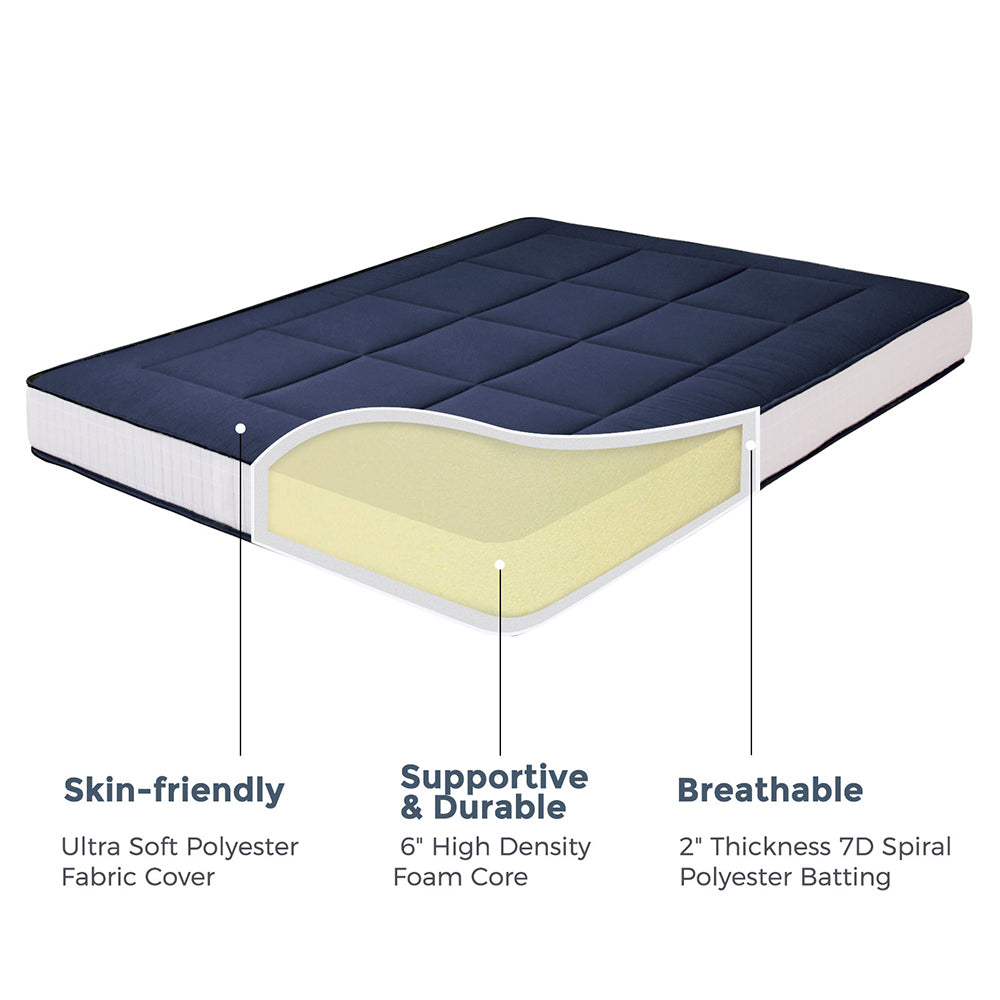 MAXYOYO 8-Inch Thick Japanese Futon Mattress - Navy Blue Square Quilting Floor Bed | Perfect for Small Spaces, Guest Rooms & Minimalist Home Decor