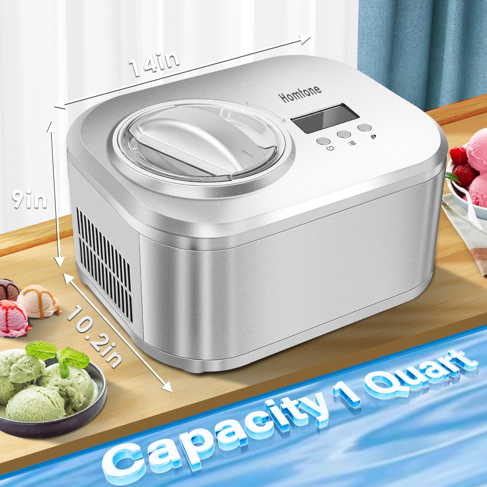 Homtone 1 Quart Automatic Ice Cream Maker with Built-in Compressor & LCD Timer - Make Ice Cream, Gelato, Frozen Yogurt in 30-60 Minutes | No Pre-Freezing Needed | Perfect for Home Kitchens, Parties & Dessert Shops