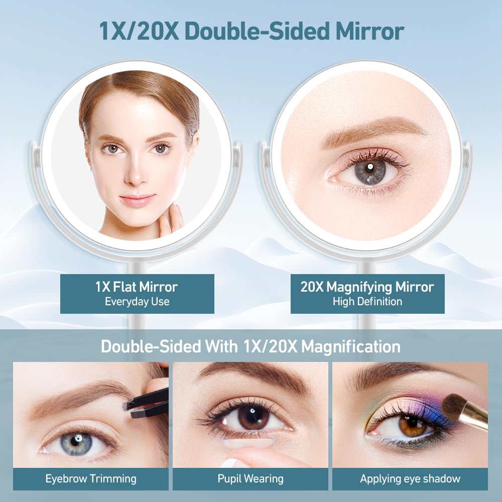 20X Magnifying Makeup Mirror with LED Lights - 3 Color Adjustable Light Modes, Double-Sided Switch, 8.6 Inch - Perfect for Professional Makeup Application, Skincare Routine & Precise Grooming at Home or Salon