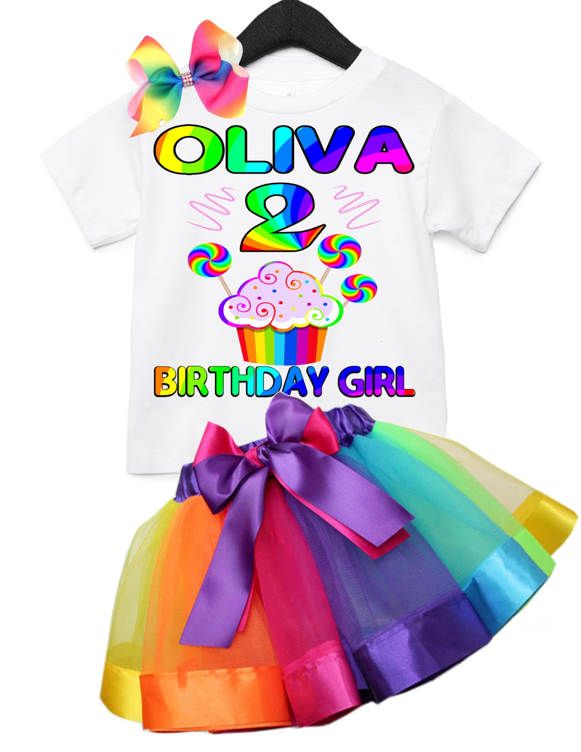 Custom Cupcake Birthday Outfit Set - Personalized 2-Piece Rainbow Shirt & Hairbow Clip for Girls | Baby Tutu Dress & Matching Accessories | Perfect for Birthday Parties, Photo Shoots & Special Celebrations | Any Age & Name Customization Available