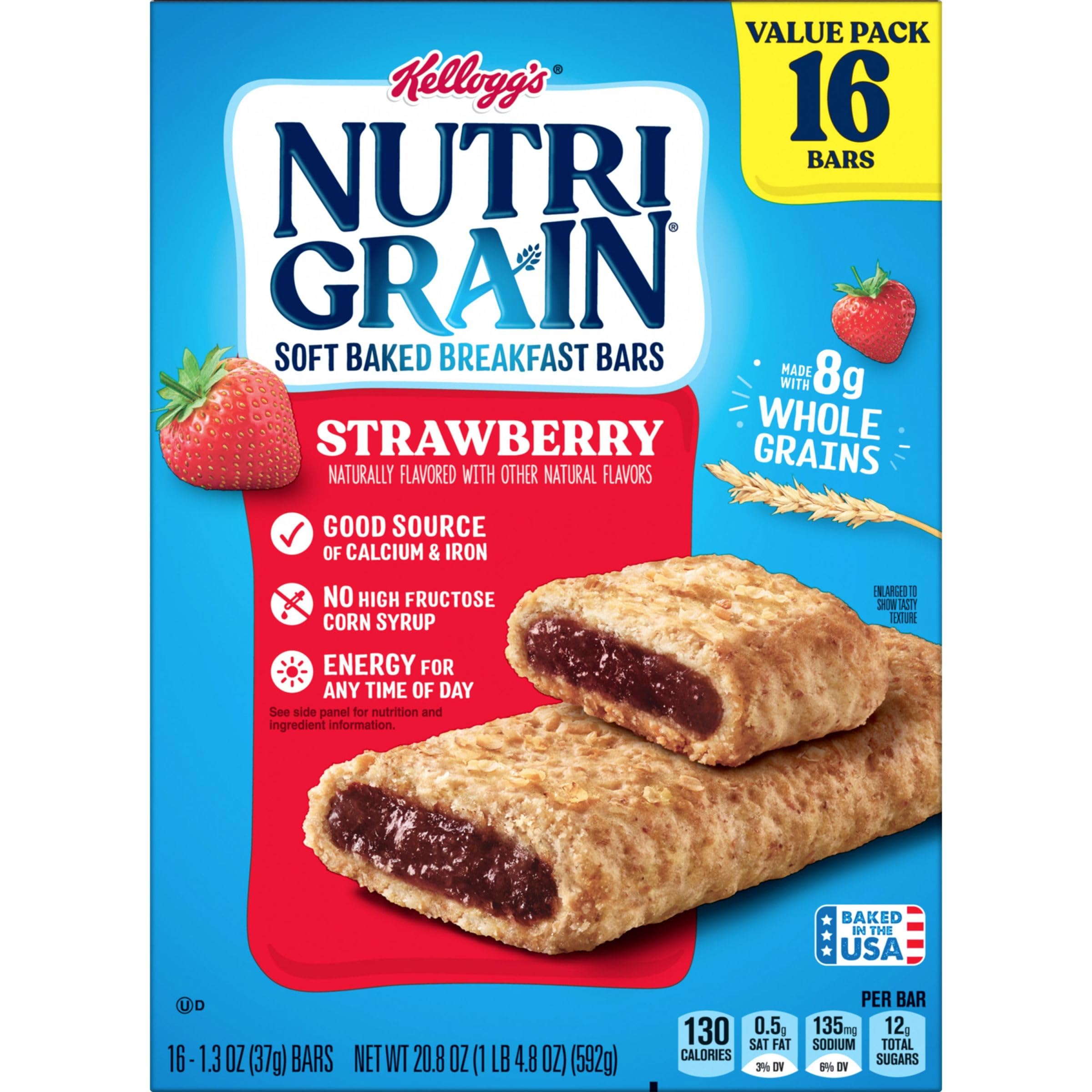 Nutri-Grain Soft Baked Breakfast Bars - Strawberry Flavor, 20.8oz Value Pack (16 Count) | Healthy Kids Snacks for School Lunch, After School Treat & On-the-Go Breakfast | Non-GMO & Whole Grain Energy Bars