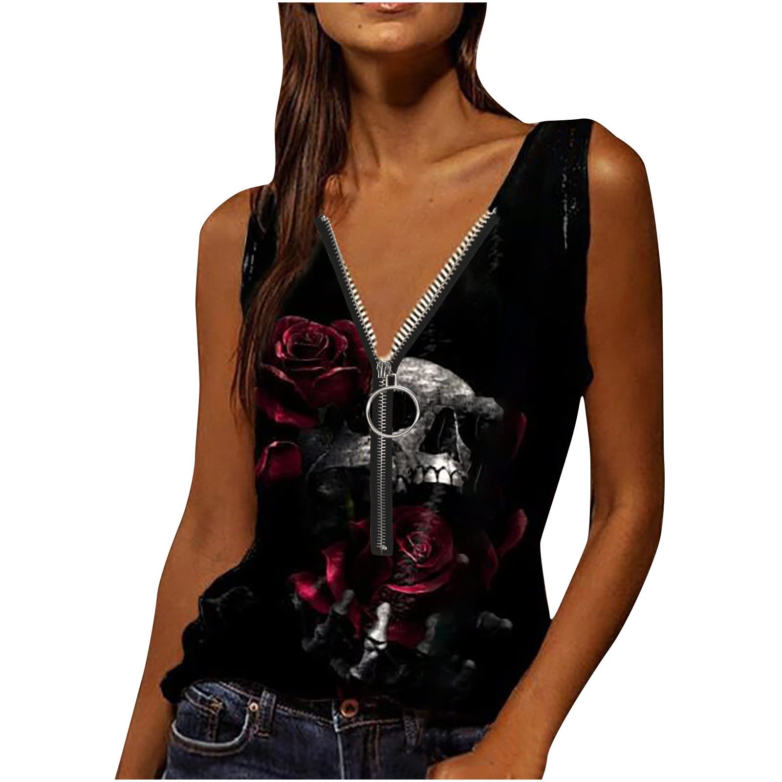 Women's V-Neck Zipper Tank Top - Sleeveless Casual Blouse, Loose Comfortable Summer Shirt for Everyday Wear, Workout & Beach Outfits