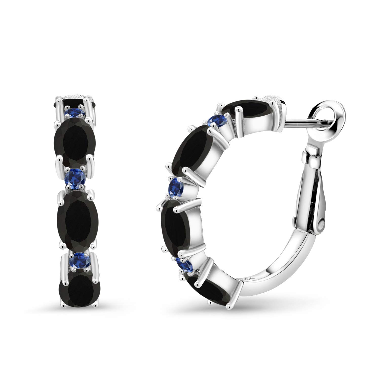 Gem Stone King 3.47 Ct Oval Black Onyx & Blue Created Sapphire 925 Sterling Silver Hoop Earrings for Women - Elegant Jewelry Gift for Birthday, Anniversary & Special Occasions