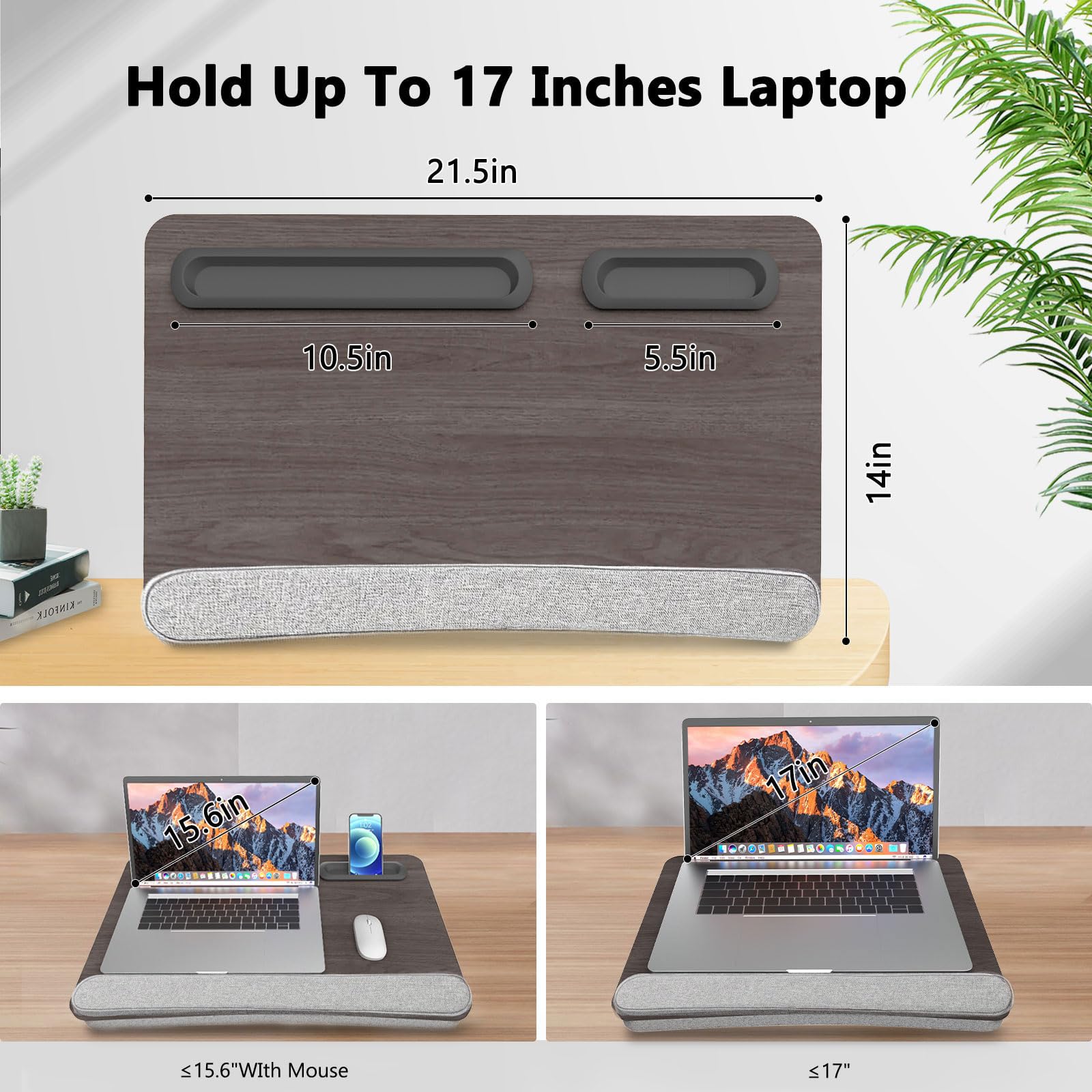 Ergonomic Laptop Desk for Bed - Portable Home Office Lap Desk with Cushion & Storage, Fits 17