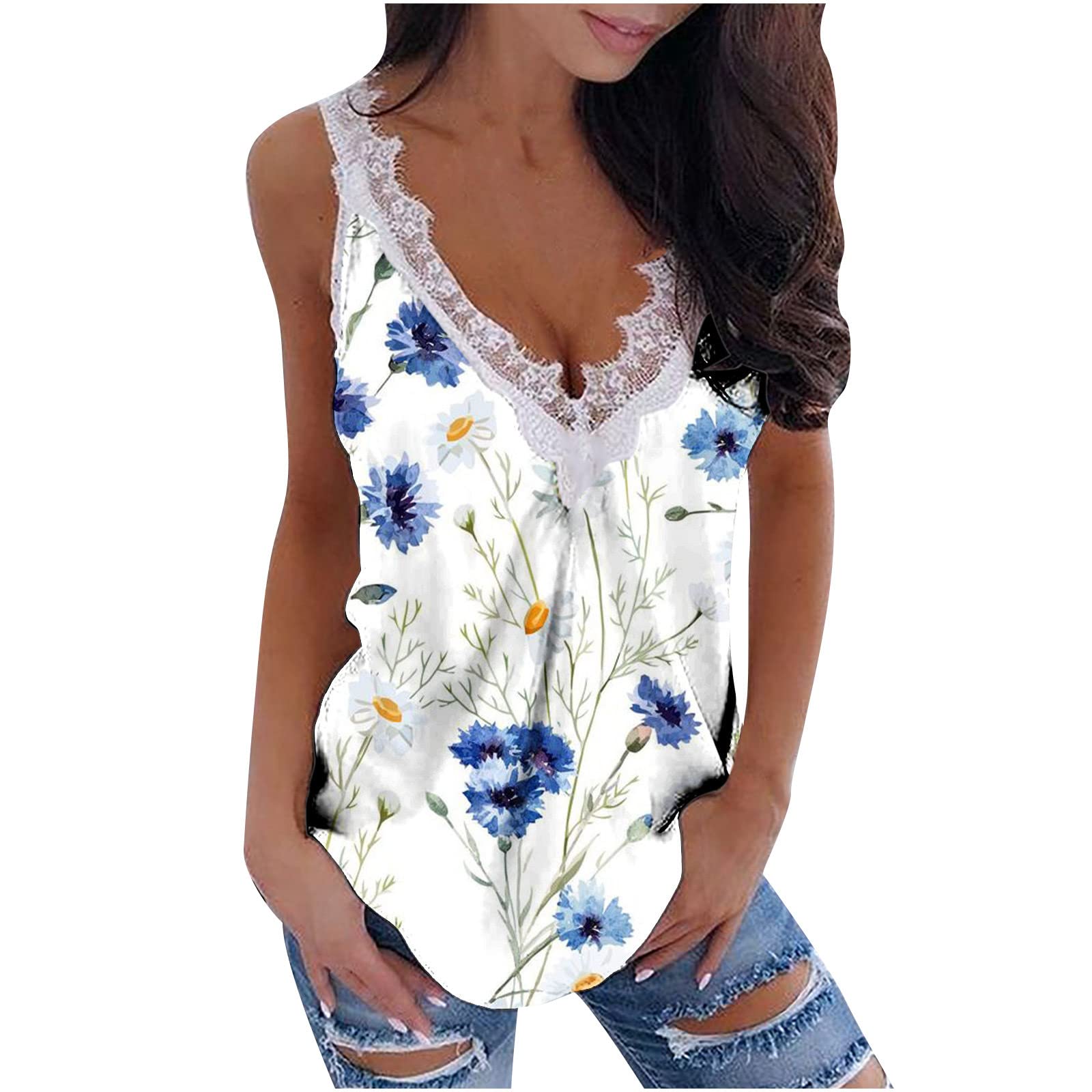 Women's Floral Print V-Neck Lace Trim Tank Top - Casual Sleeveless Camisole for Summer, Beach, and Layering