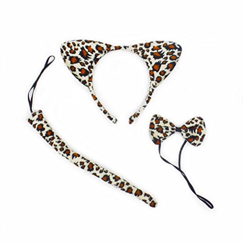 OULII 3Pcs Kids Cat Ears Headband with Bow Tie & Tail Set - Leopard Print Costume Accessories for Halloween, Cosplay, Dress Up Parties & Photo Props