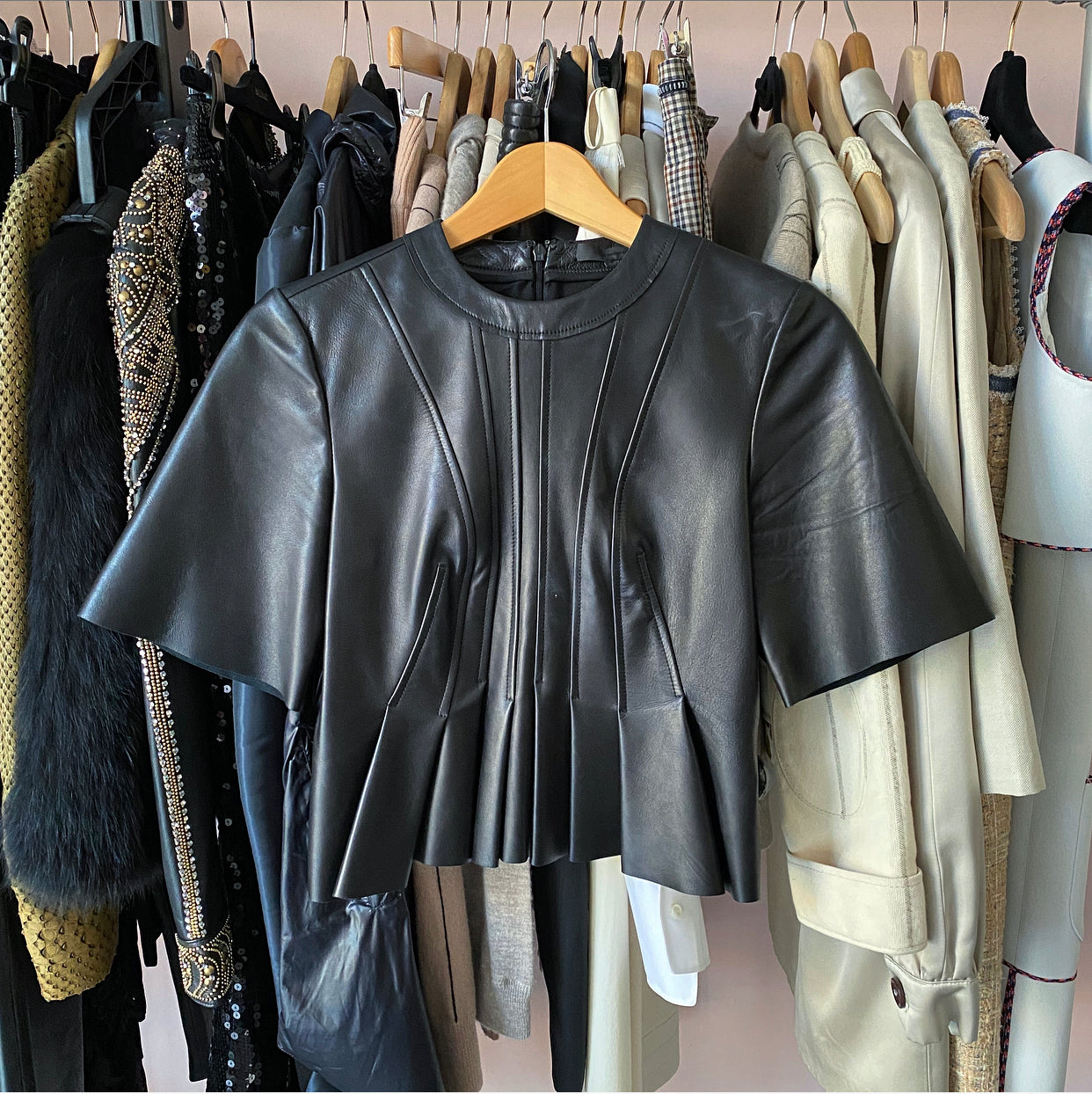 Alexander Wang Black Leather Pleated Short Sleeve Top for Women | Fashionable Party & Night Out Outfit | Perfect for Club, Dinner Dates & Special Occasions