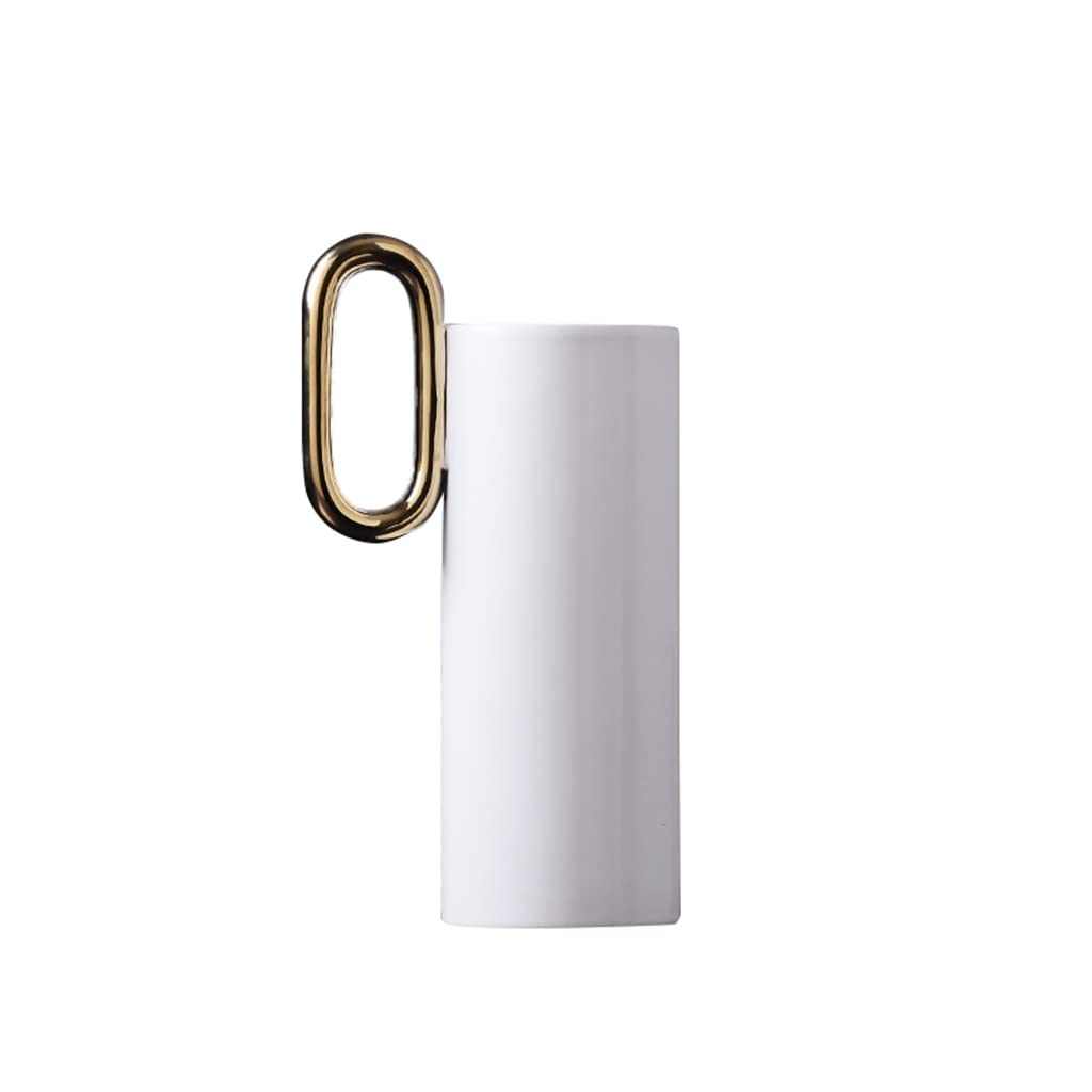 Premium Ceramic Vase with Handle - Modern Nordic Cylindrical Dried Flower Arrangement Vase for Home Decor, Geometric Gold Desktop Decoration | Perfect for Living Room, Bedroom & Office Centerpieces