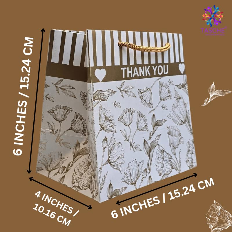 Golden Floral Design Thank You Gift Bags - Elegant Paper Favor Bags for Birthday, Wedding, Baby Shower & Holiday Presents (Pack of 10, 6x4x6 Inches) - Perfect for Party Favors, Bridesmaid Gifts & Special Occasions