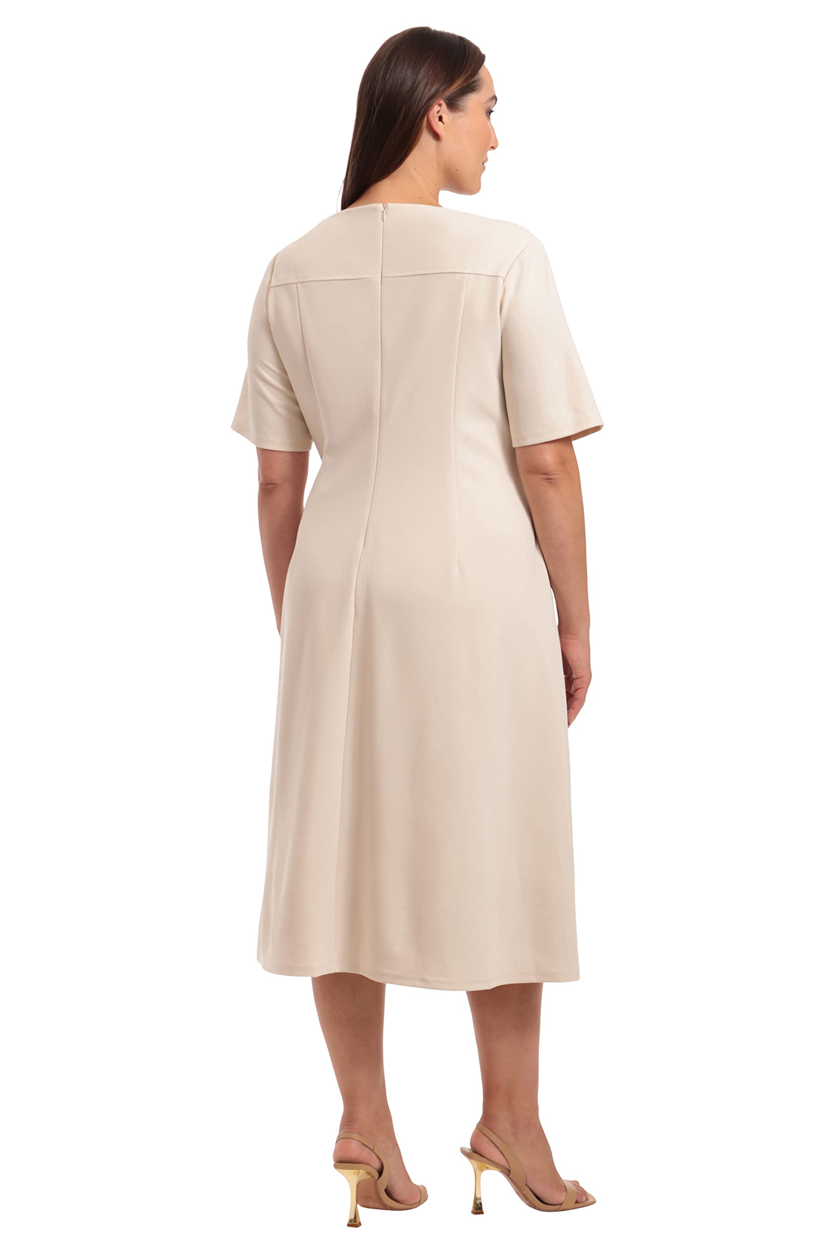 Maggy London Women's Short Sleeve Double Pleat Midi Dress - Elegant Flowy A-Line Dress for Work, Wedding & Special Occasions