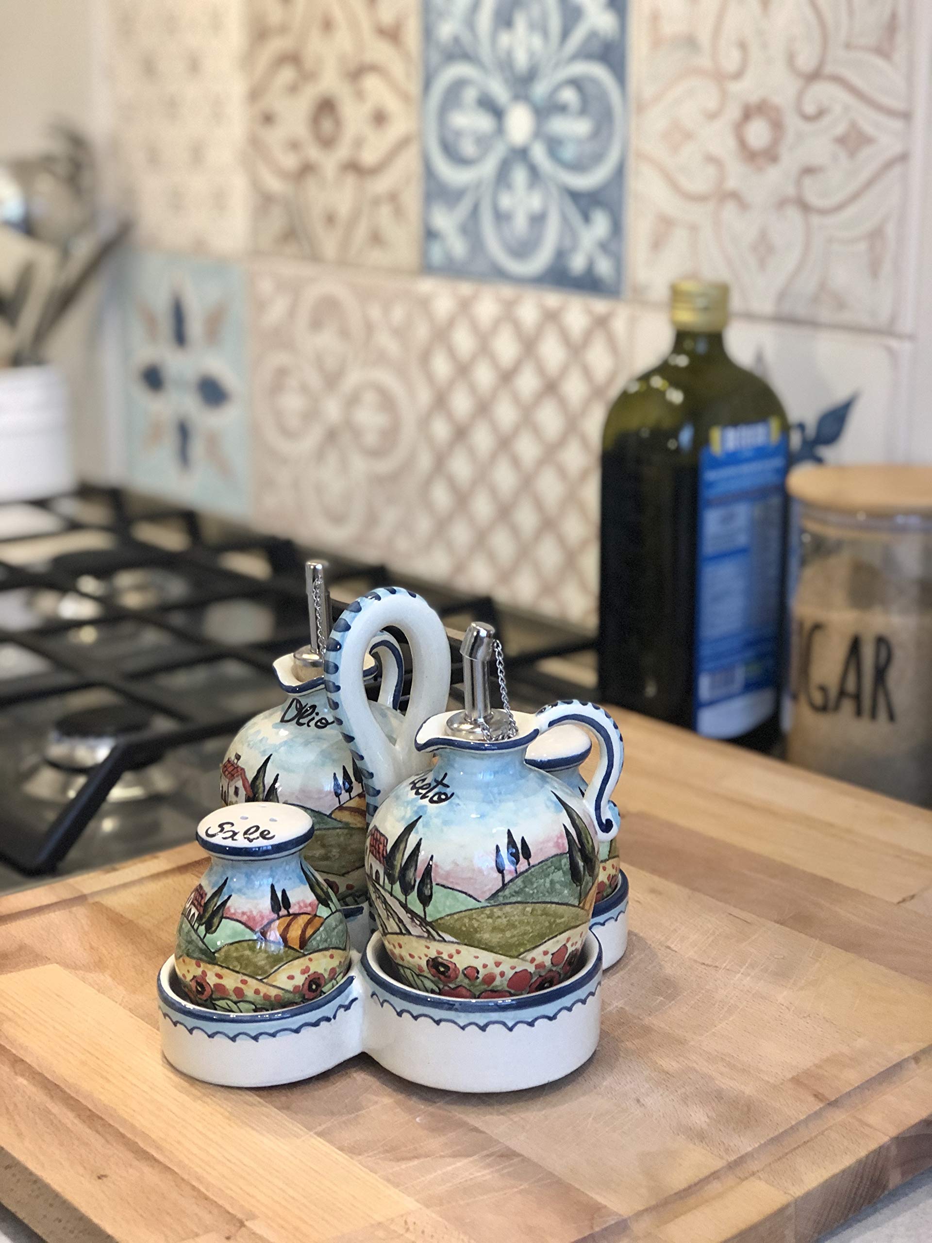 Hand-Painted Italian Ceramic Art Pottery Set - Tuscan Poppies Landscape Cruet for Oil, Vinegar, Salt & Pepper | Authentic Made in Italy Home & Kitchen Decor | Perfect for Tuscan-Themed Dining & Gift Giving