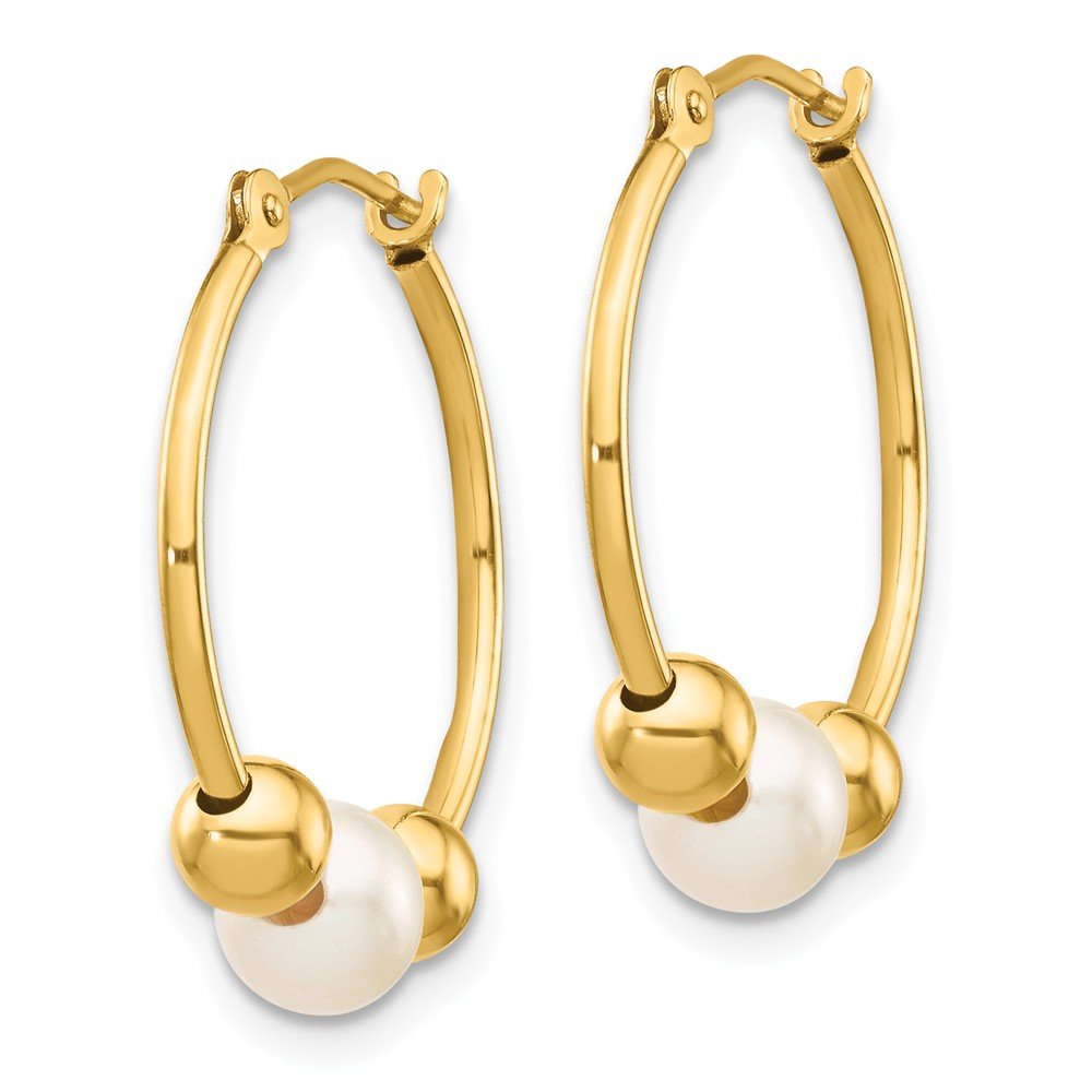 14K Yellow Gold Hoop Earrings with Freshwater Cultured Pearls - 21mm x 19mm Polished Pearl Dangle Earrings for Women, Perfect for Weddings, Parties & Special Occasions