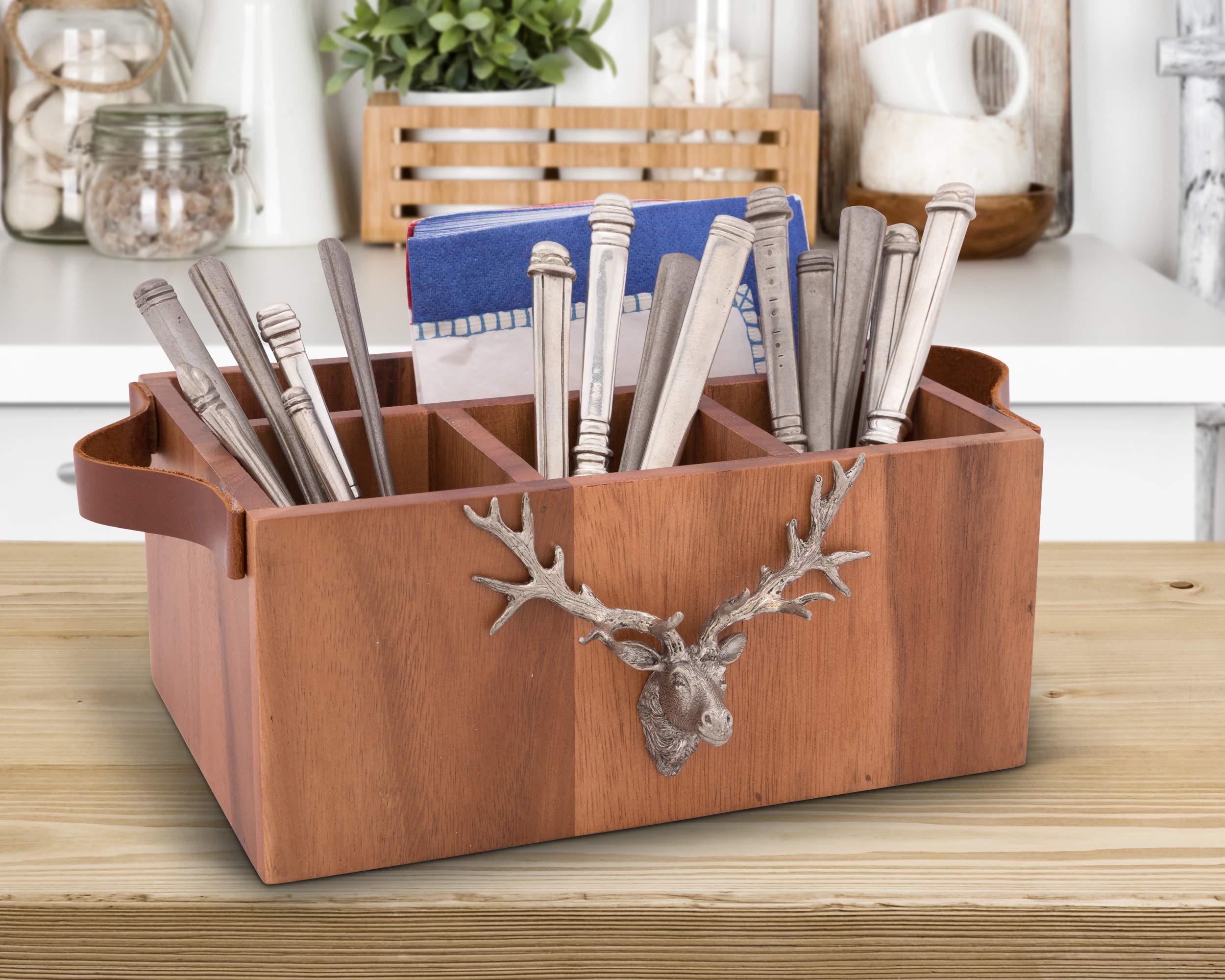 Vagabond House Acacia Wood Flatware Holder with Pewter Elk Accent & Leather Handles - 13