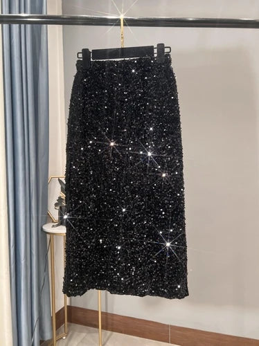 French High Waisted Slim Skirt for Women - Shiny Black Sequin Mid-Length Skirt with Side Split, Thickened Hip Design & All-Match Styling | Perfect for Parties, Date Nights & Evening Events