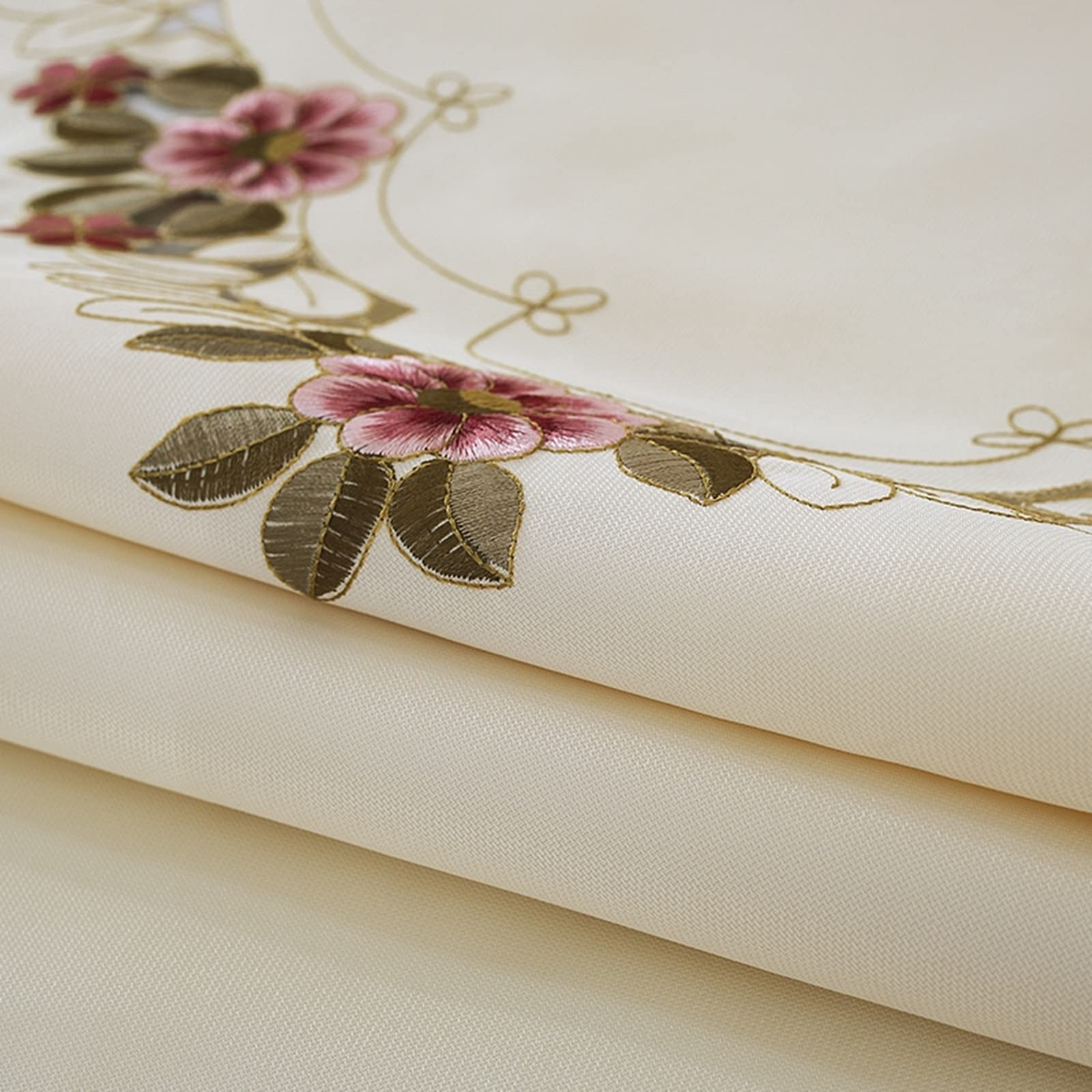 Beige Pink Round Embroidered Flower Polyester Table Runner 40x270cm - Elegant Kitchen & Dining Table Decor for Christmas, Weddings, and Home Decor
