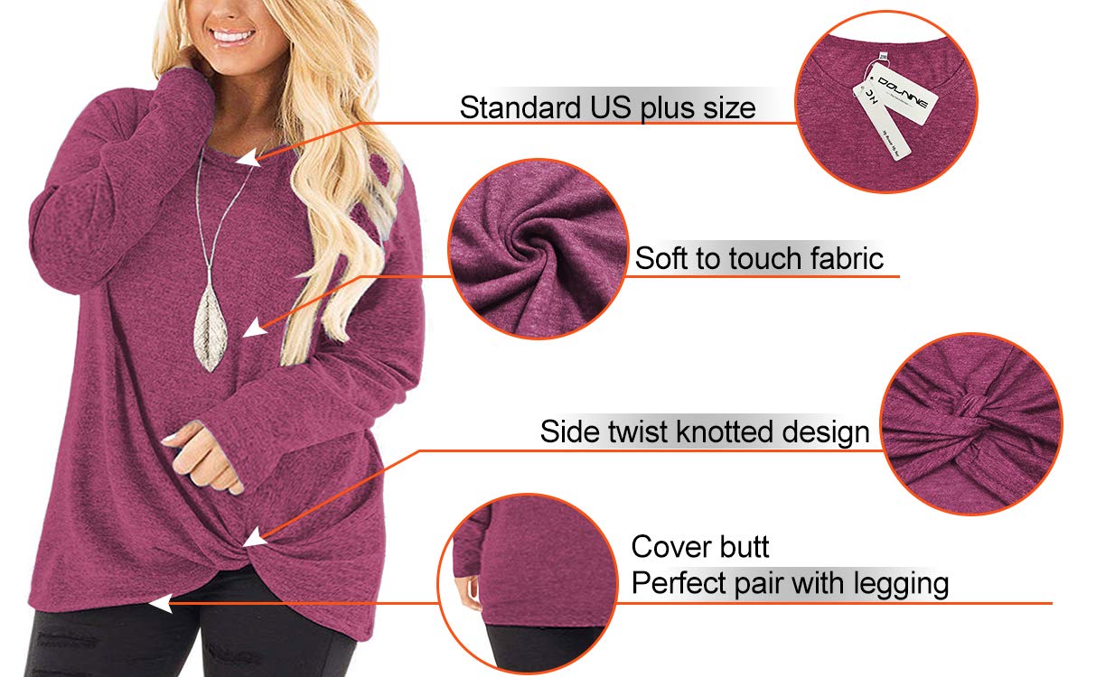 DOLNINE Women's Plus Size Knotted Tops Long Sleeve Tee Shirts - Loose Casual Blouse for Women | Comfortable & Stylish for Everyday Wear, Office, and Outings