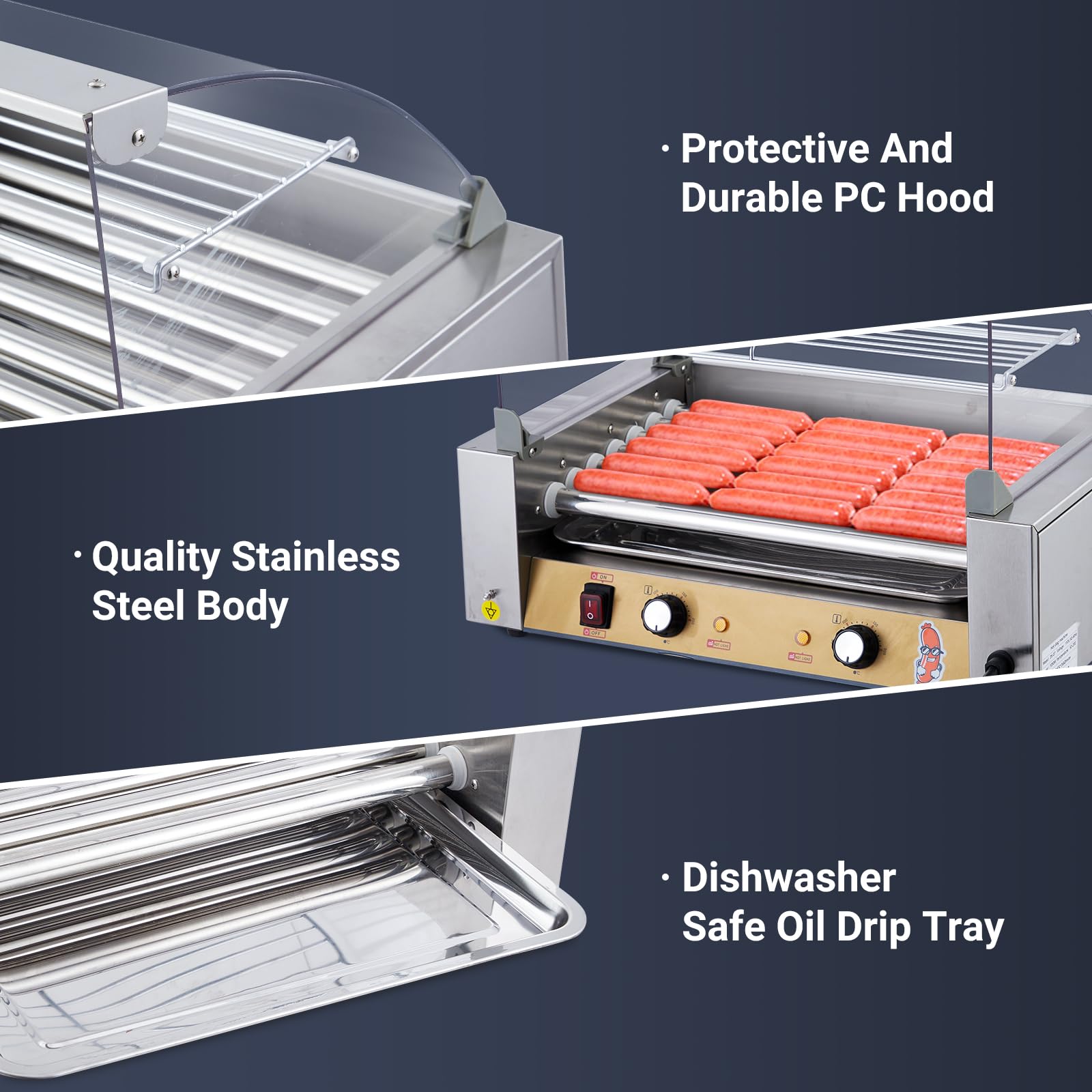 18 Hot Dog Roller with Bun Warmer - 1050W Commercial Grade Hot Dog Machine with 7 Stainless Steel Rollers, Dual Temperature Control, PC Hood Shelf & Removable Oil Drip Tray - Perfect for Restaurants, Food Trucks, Carnivals and Home Use