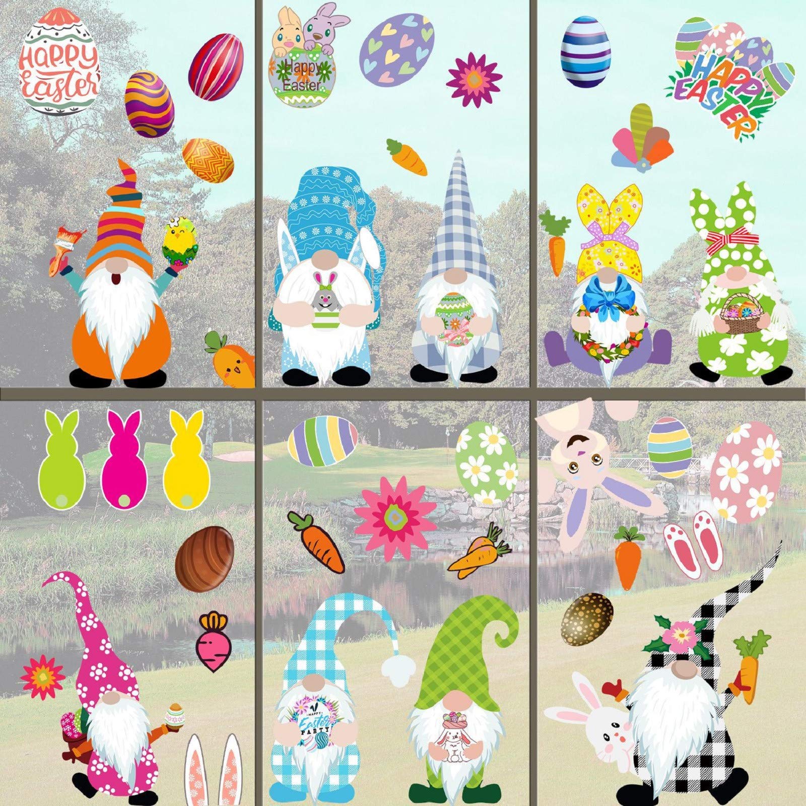 Malbaba Bunny Spring Easter Window Cling Decorations - 9 Sheets of Adhesive Rabbit, Carrot & Egg Decals for Glass Doors, Windows & Walls - Perfect for Easter Home Decor, Holiday Parties & Gnome-Themed Celebrations