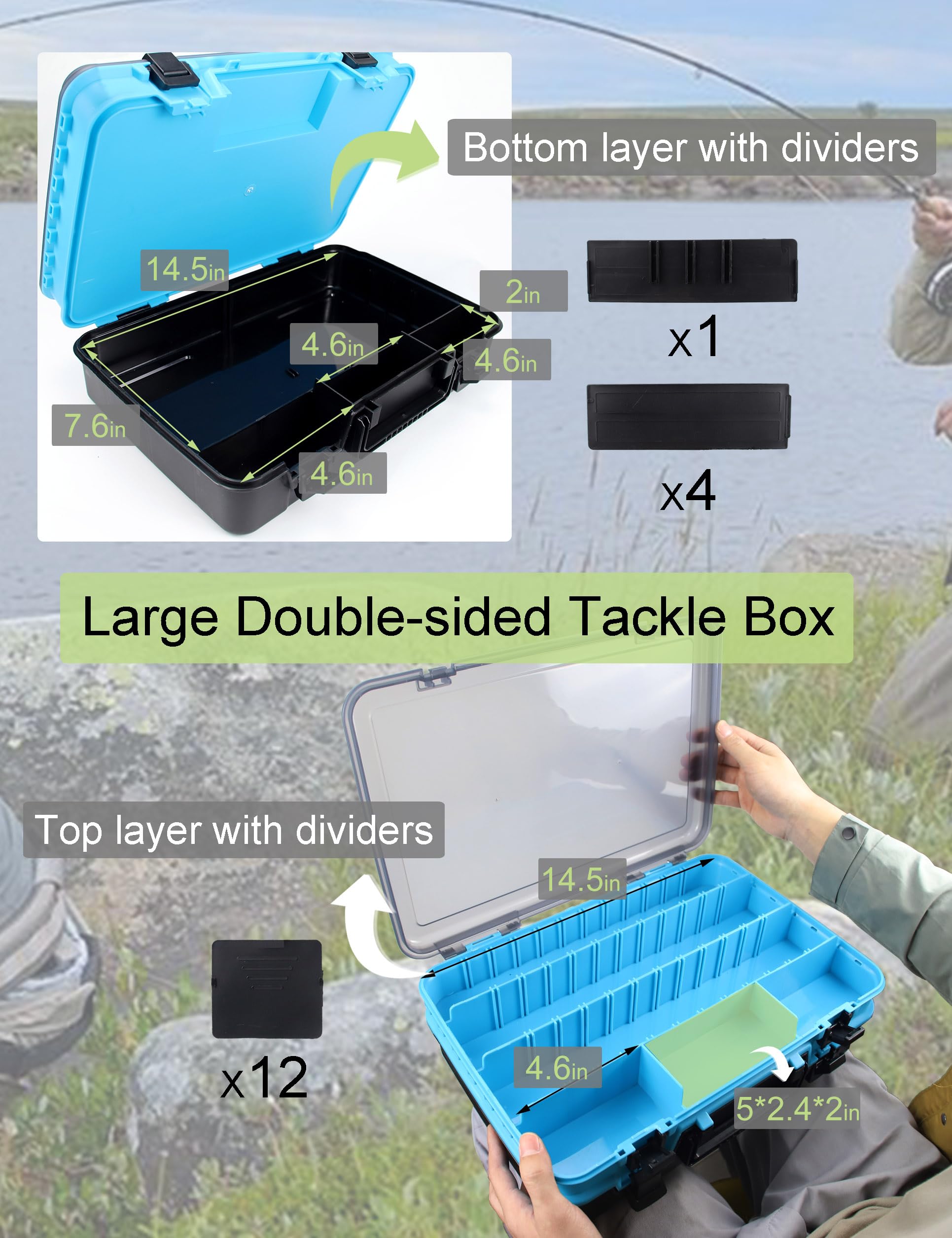 **Large Double-Sided Fishing Tackle Box with Dividers & Handle - Premium Tackle Storage Organizer for Bass, Trout & Saltwater Fishing - Perfect for Boat, Shore & Kayak Fishing Trips**