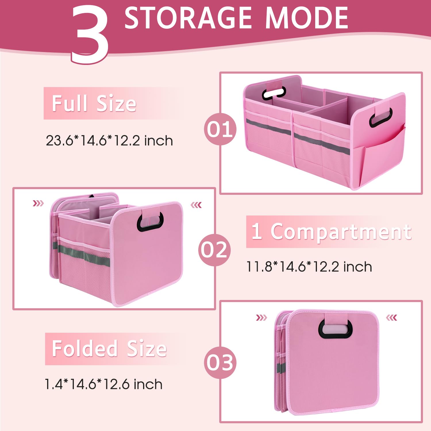 Foldable Car Organizer for SUV & Sedan - 70L Pink Collapsible Storage Bin with Reinforced Handles & Multiple Compartments - Perfect for Groceries, Road Trips & Car Organization