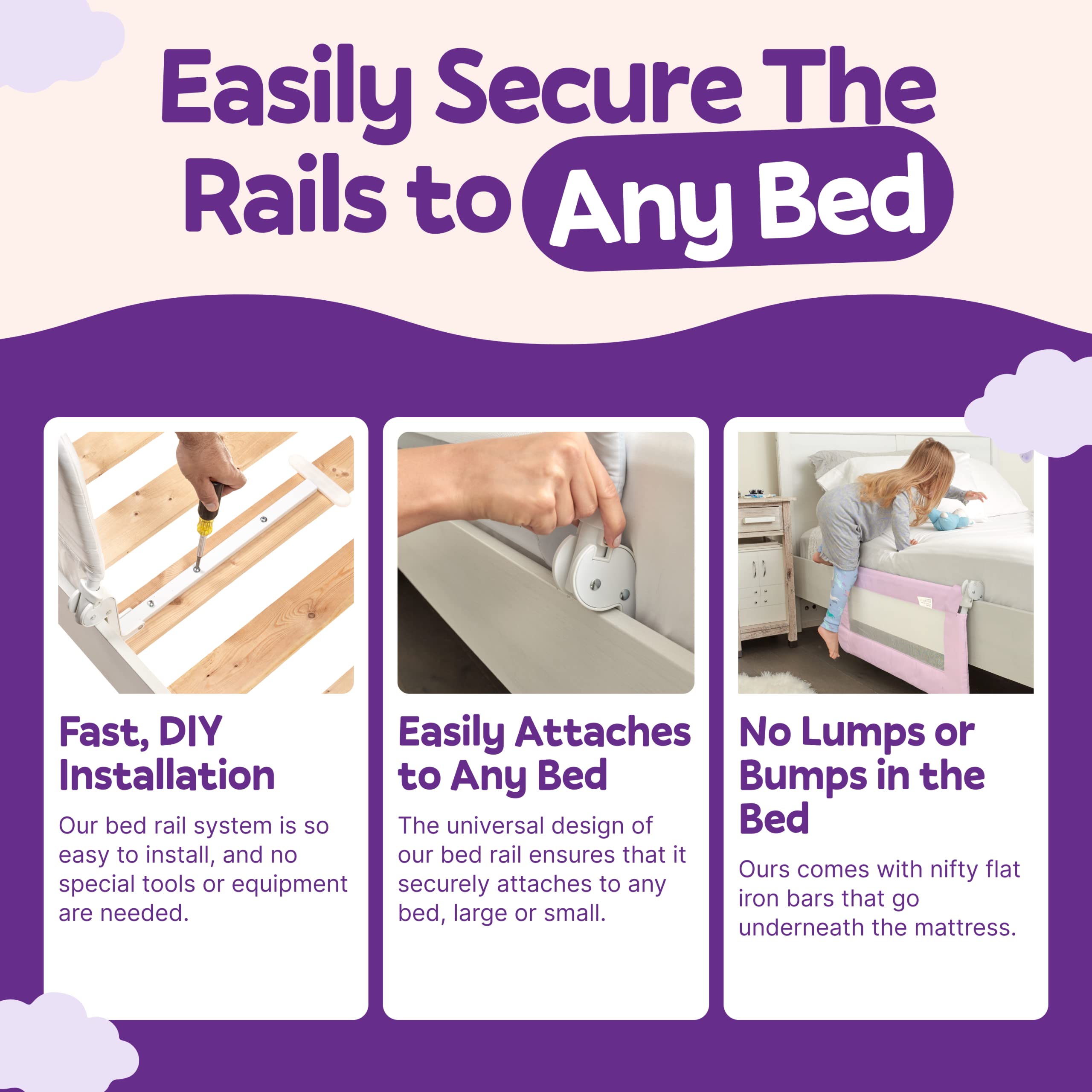 ComfyBumpy Adjustable Toddler Bed Rail Guard for Kids - Safety Bed Rails for Twin, Full, Queen & King Size Beds | Swing Down Baby Bed Side Rail - Pink, Regular (35.5