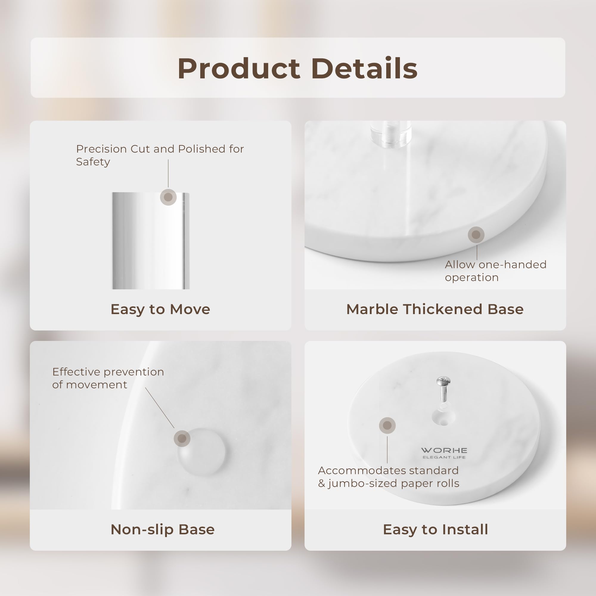 Stainless Steel Paper Towel Holder with White Marble Base - Countertop & Wall Mount Kitchen Towel Rack - 5.5